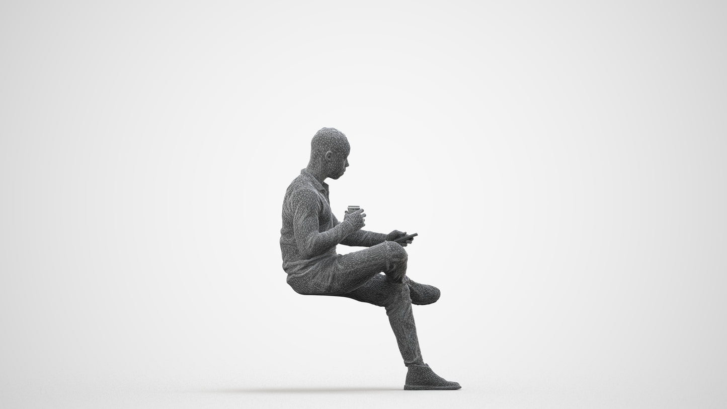 realistic 3D man casual sitting, scanned archviz people for Blender and 3ds Max, wireframe side view