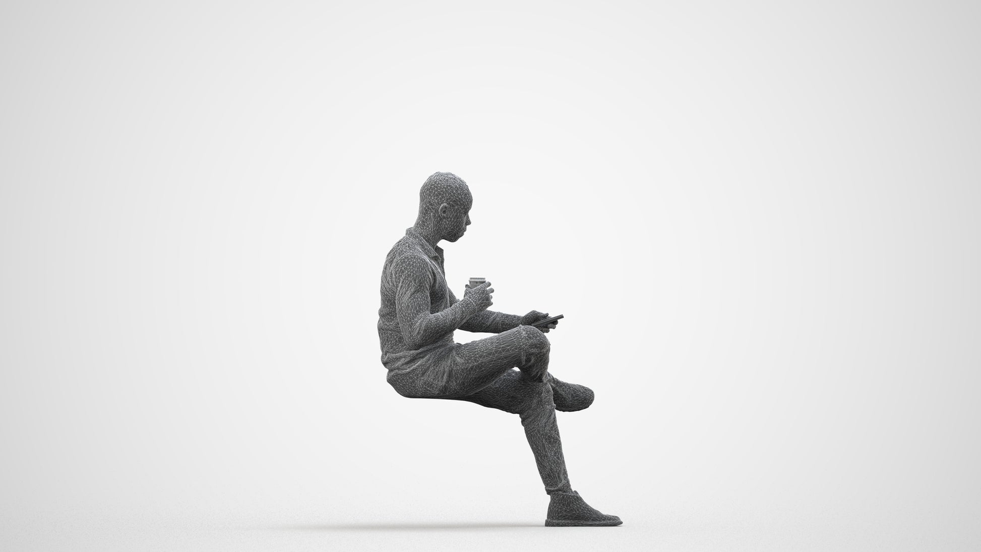 realistic 3D man casual sitting, scanned archviz people for Blender and 3ds Max, wireframe side view