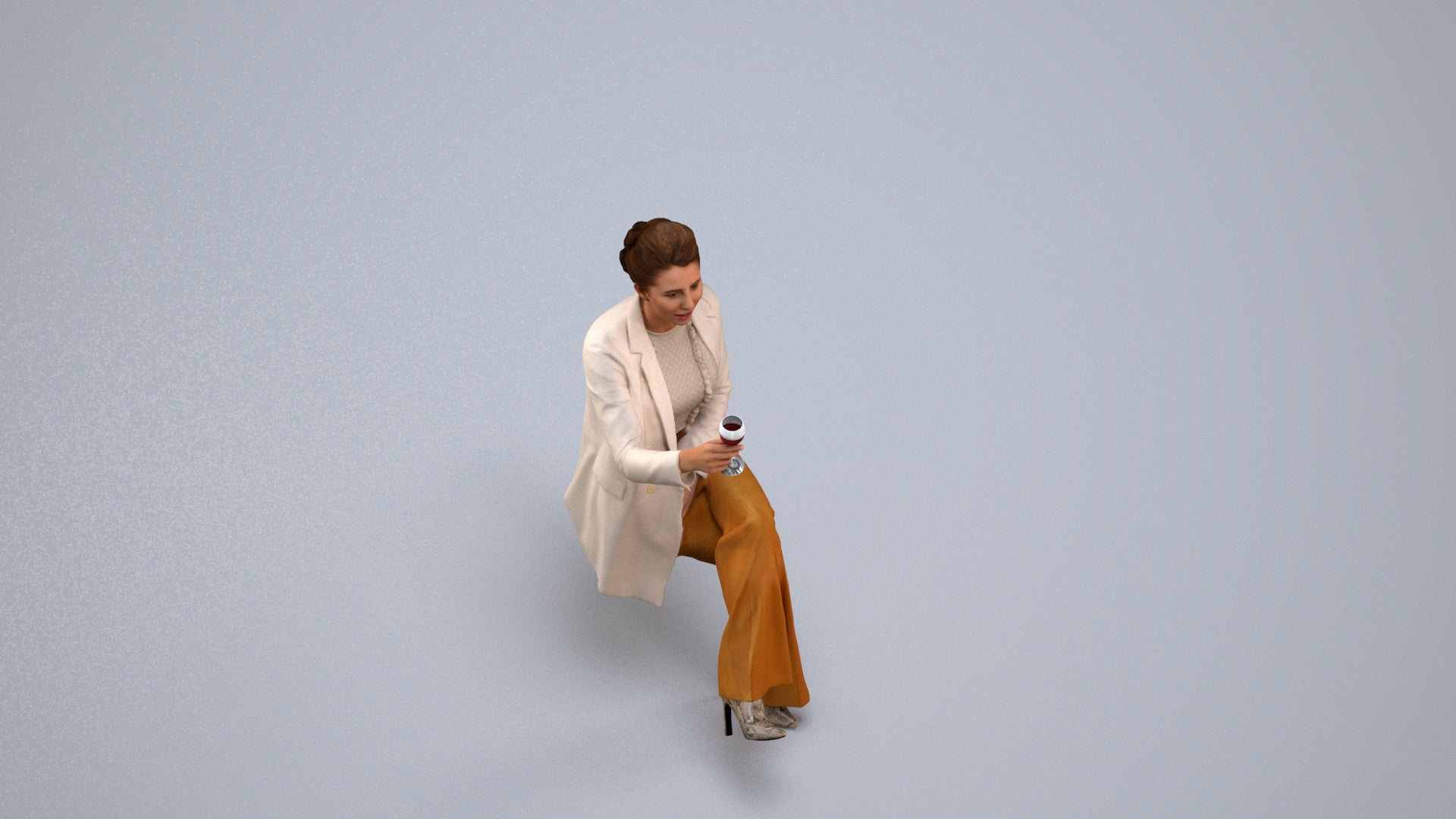 3D human model woman business sitting, photogrammetry scanned person for archviz, back view render