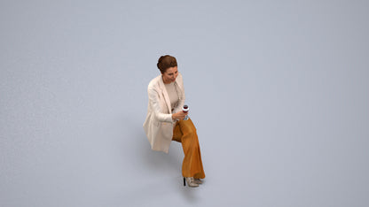 3D human model woman business sitting, photogrammetry scanned person for archviz, back view render