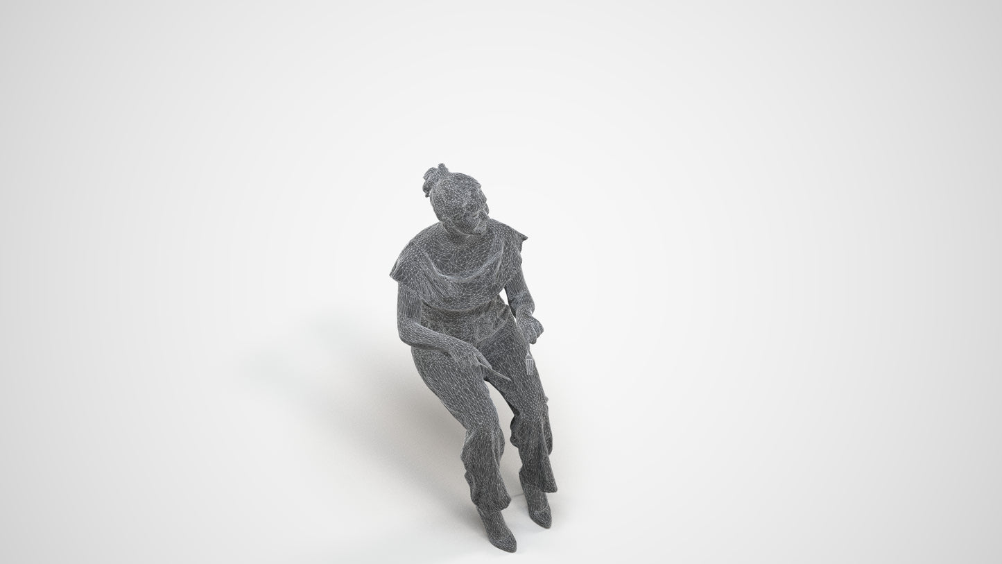 3D scanned woman sitting casual, photorealistic archviz people for Enscape and SketchUp, wireframe three-quarter view