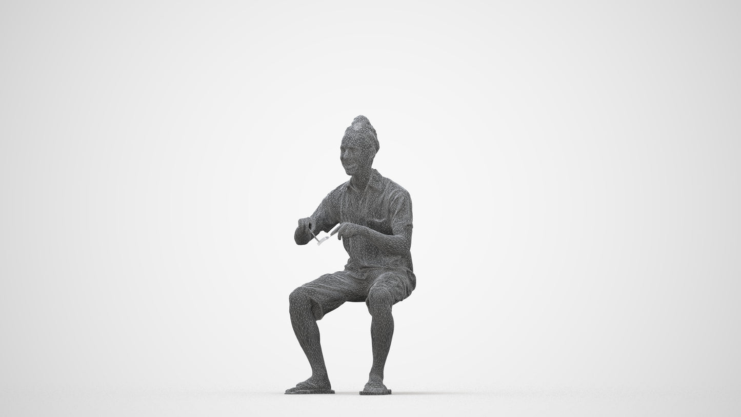 scanned 3D man casual sitting, photogrammetry people for Enscape and V-Ray, wireframe back view