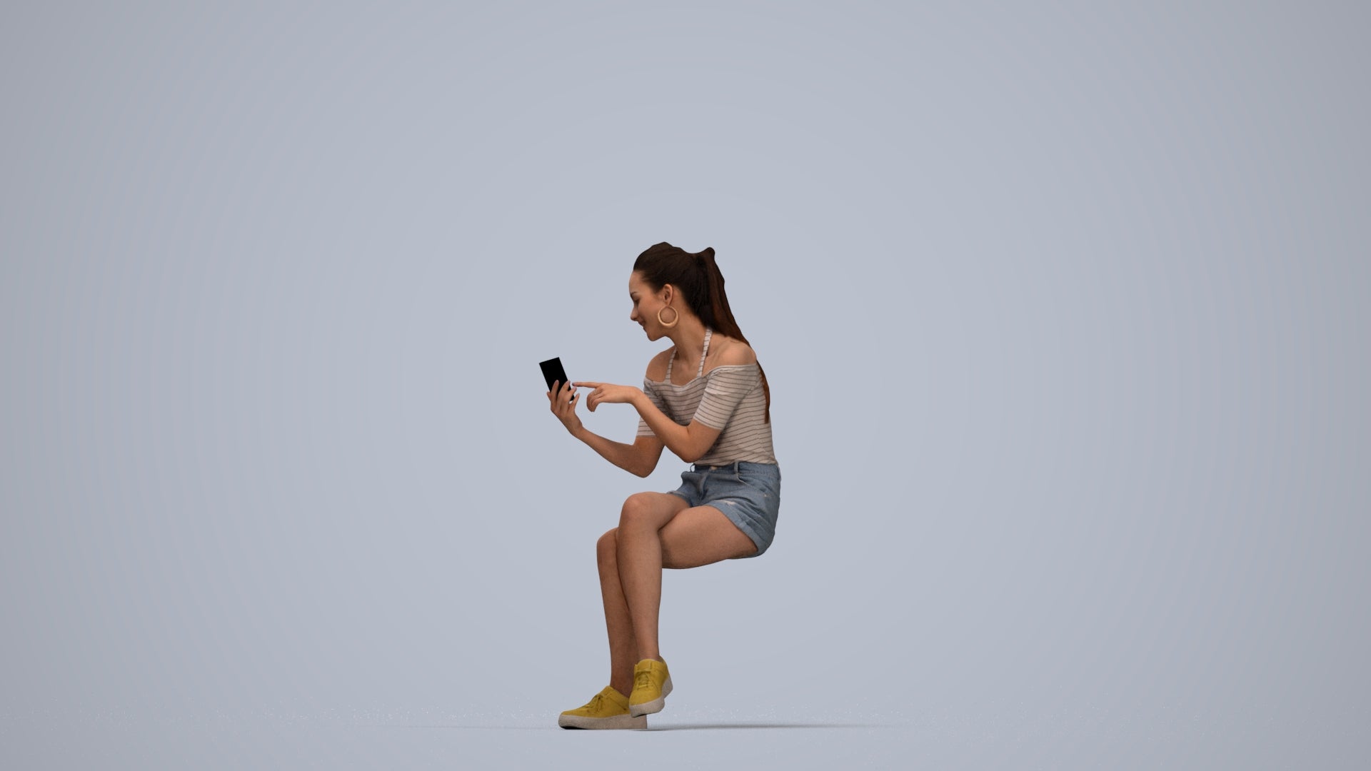 realistic 3D woman casual sitting, scanned archviz people for Blender and 3ds Max, top-down view render