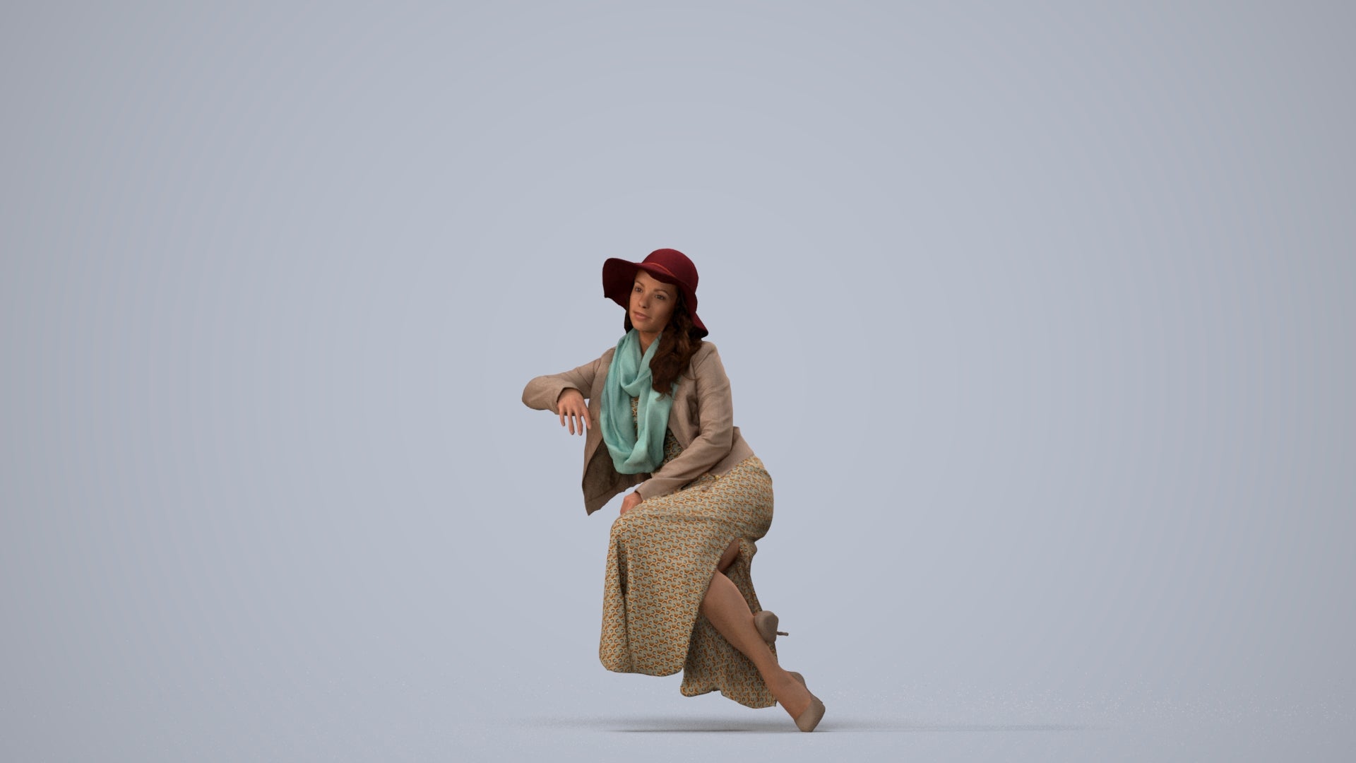 realistic 3D woman casual sitting, scanned archviz people for Blender and 3ds Max, three-quarter view render