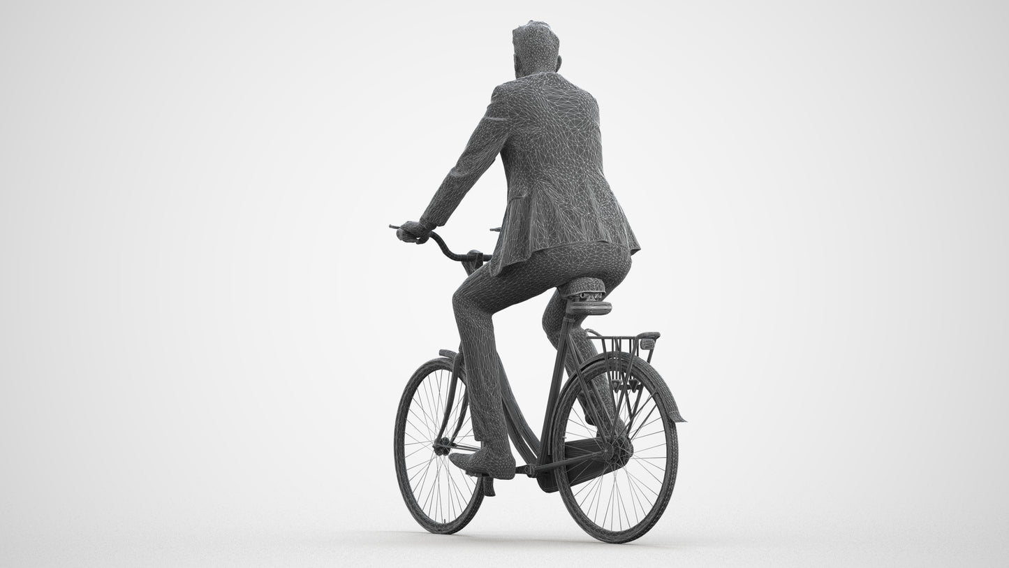 photogrammetry 3D man business cycling, realistic human model archviz FBX, wireframe front view