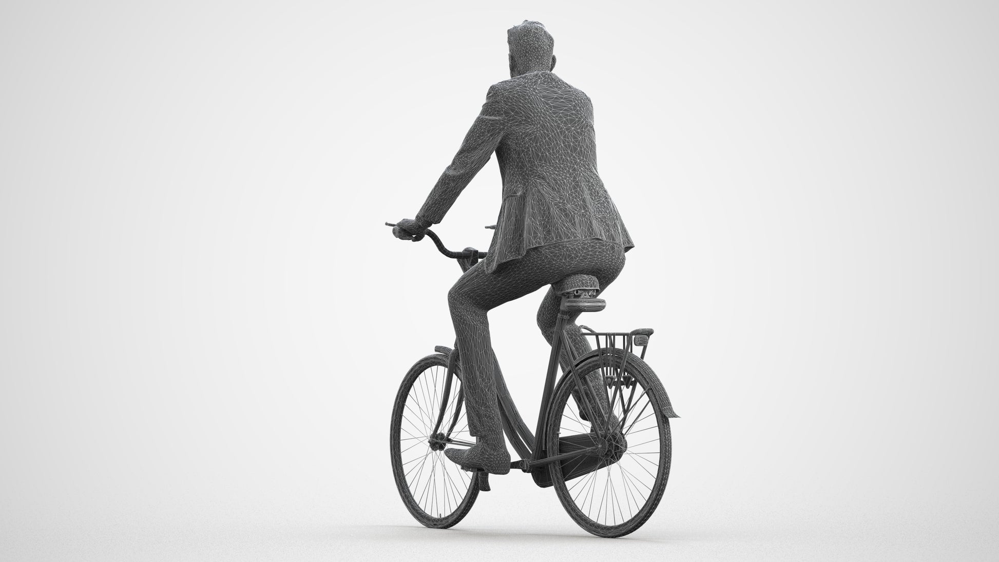 photogrammetry 3D man business cycling, realistic human model archviz FBX, wireframe front view