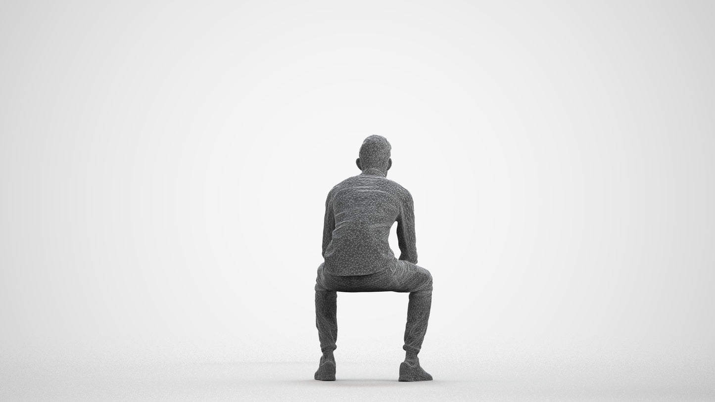 3D people model man casual sitting, scanned human for 3ds Max rendering, wireframe front view
