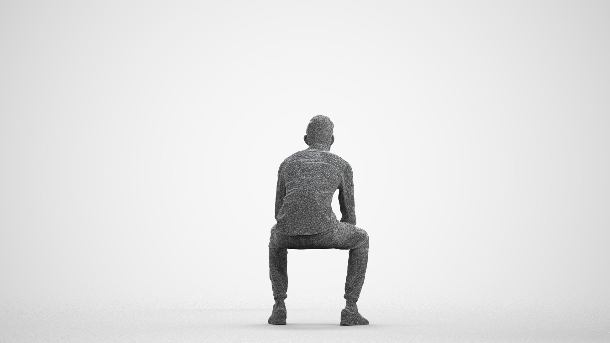 3D people model man casual sitting, scanned human for 3ds Max rendering, wireframe front view