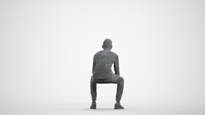 3D people model man casual sitting, scanned human for 3ds Max rendering, wireframe front view