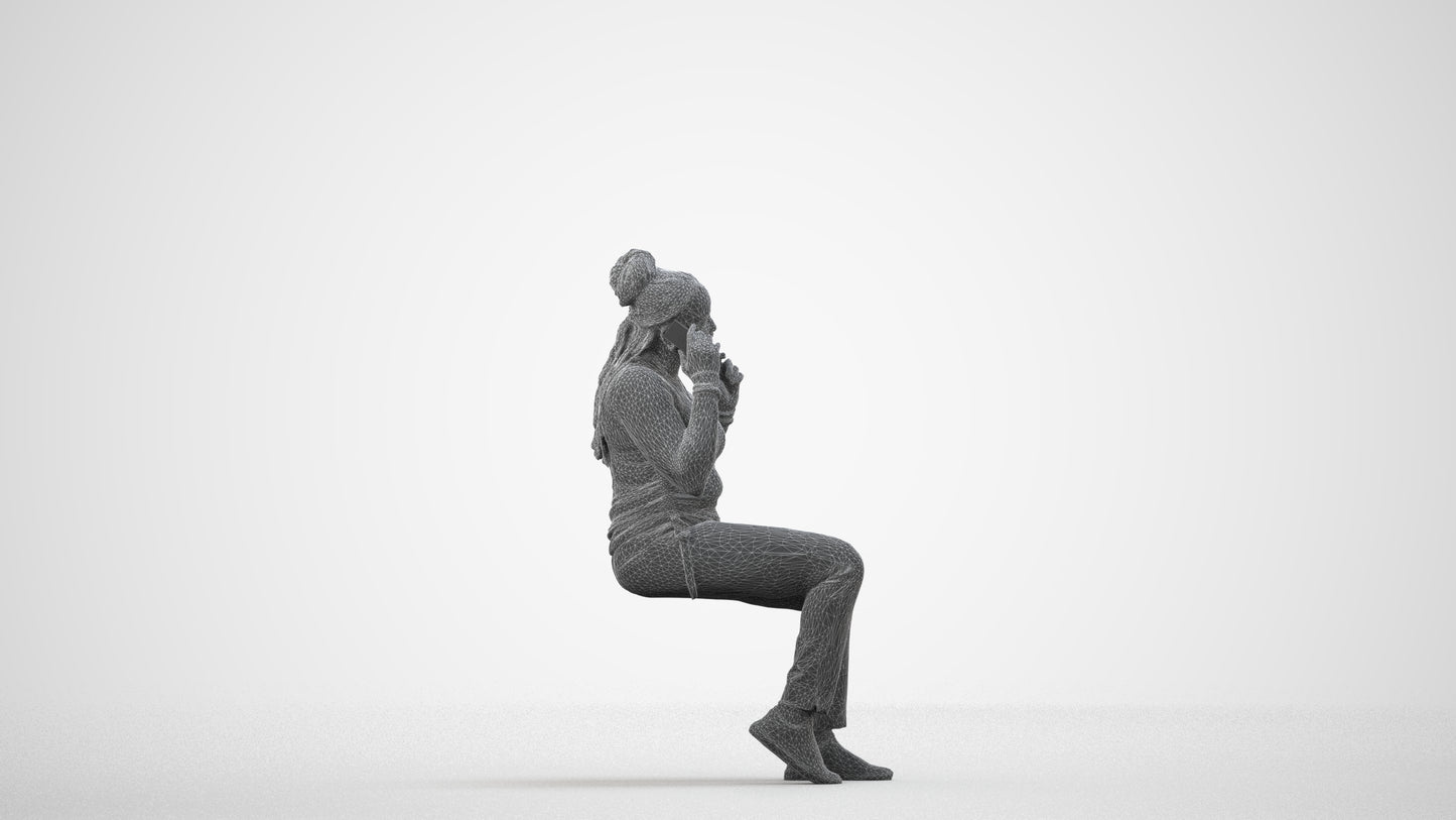 realistic 3D people woman casual sitting, render-ready for V-Ray and Corona, FBX OBJ, wireframe side view