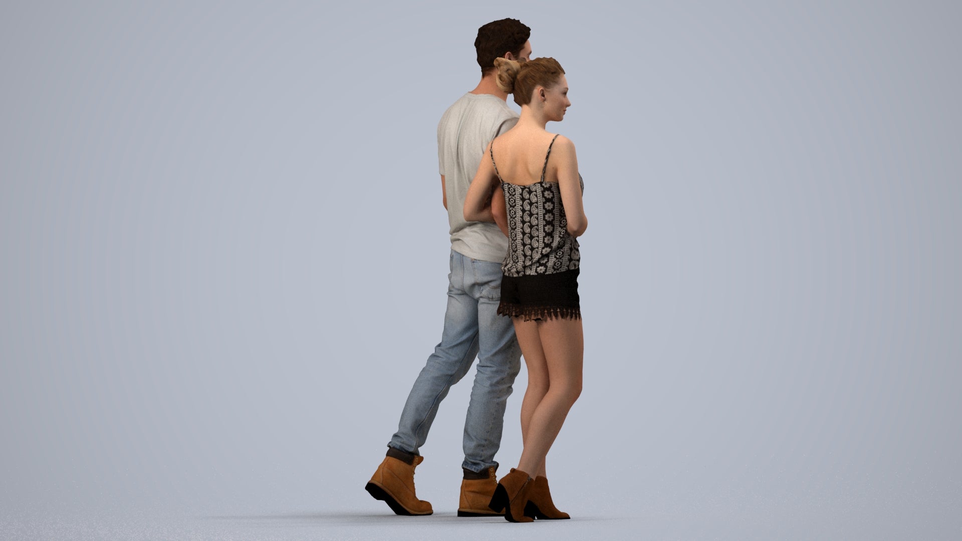3D people model woman casual couple, scanned human for 3ds Max rendering, side view render