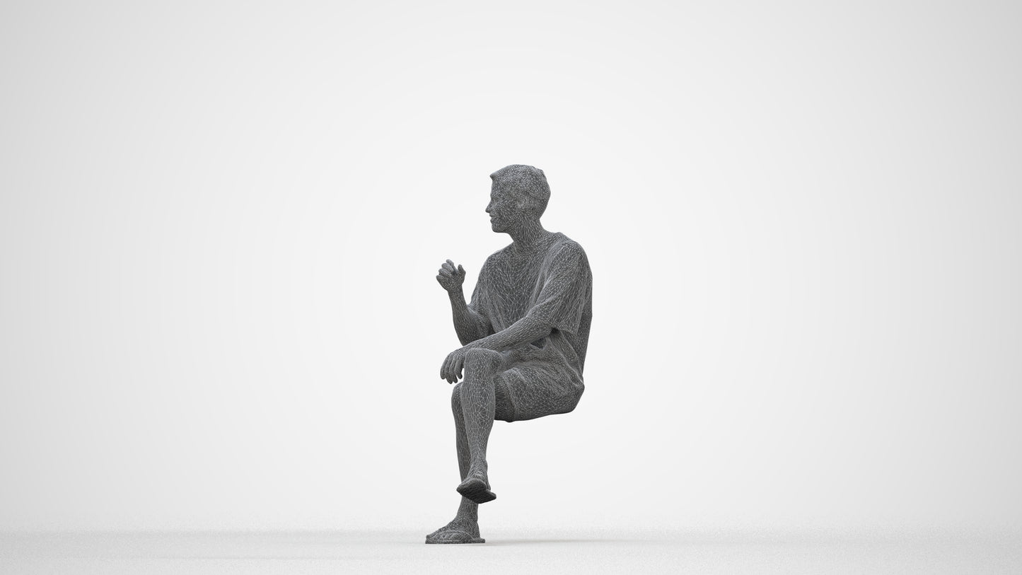 realistic 3D man casual sitting, scanned archviz people for Blender and 3ds Max, wireframe back view