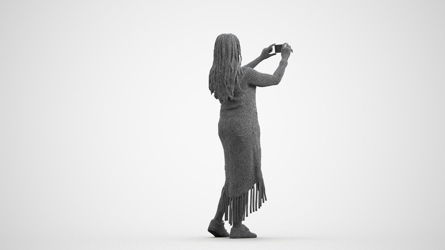 realistic 3D woman casual standing, scanned archviz people for Blender and 3ds Max, wireframe front view
