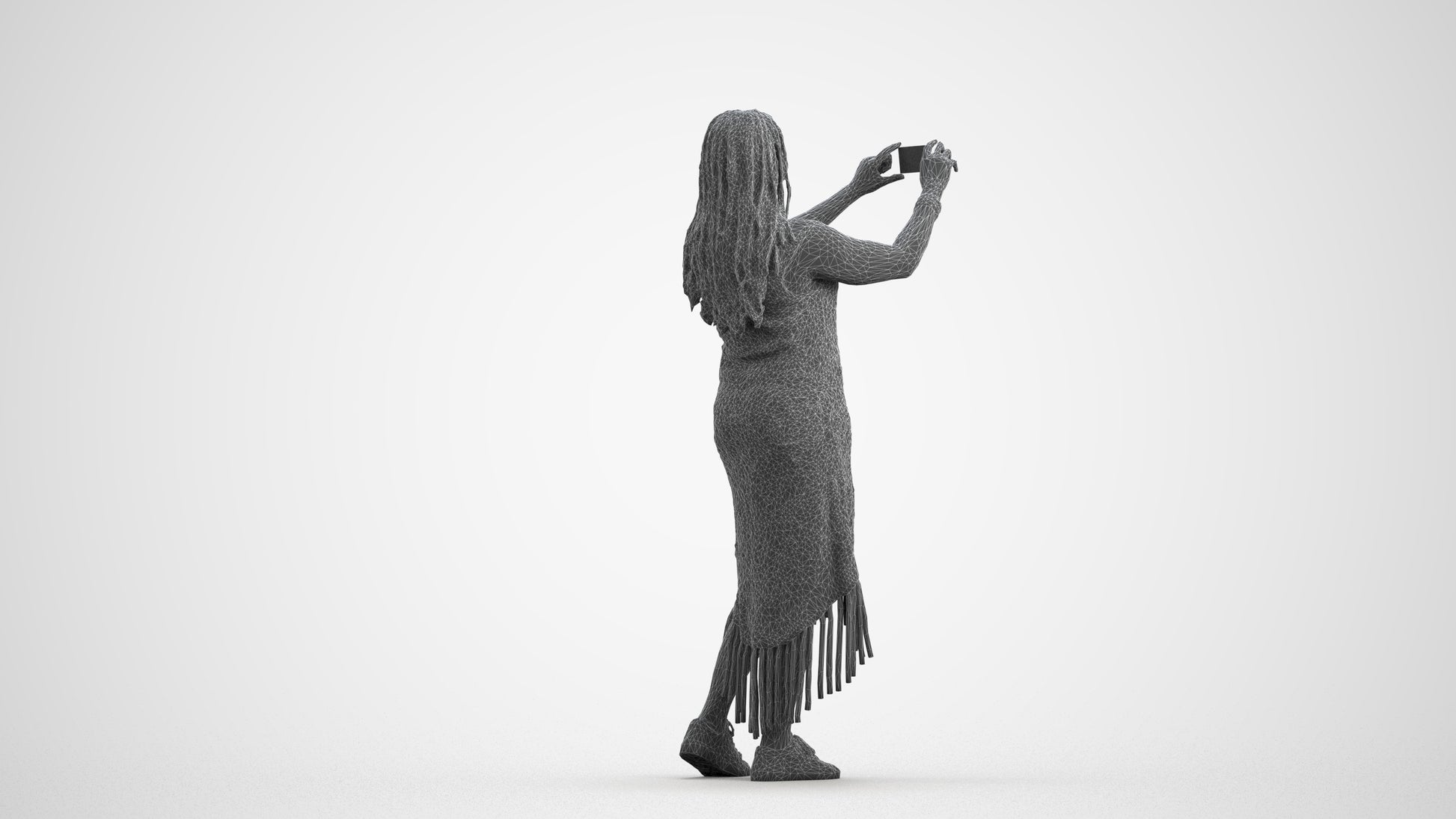 realistic 3D woman casual standing, scanned archviz people for Blender and 3ds Max, wireframe front view