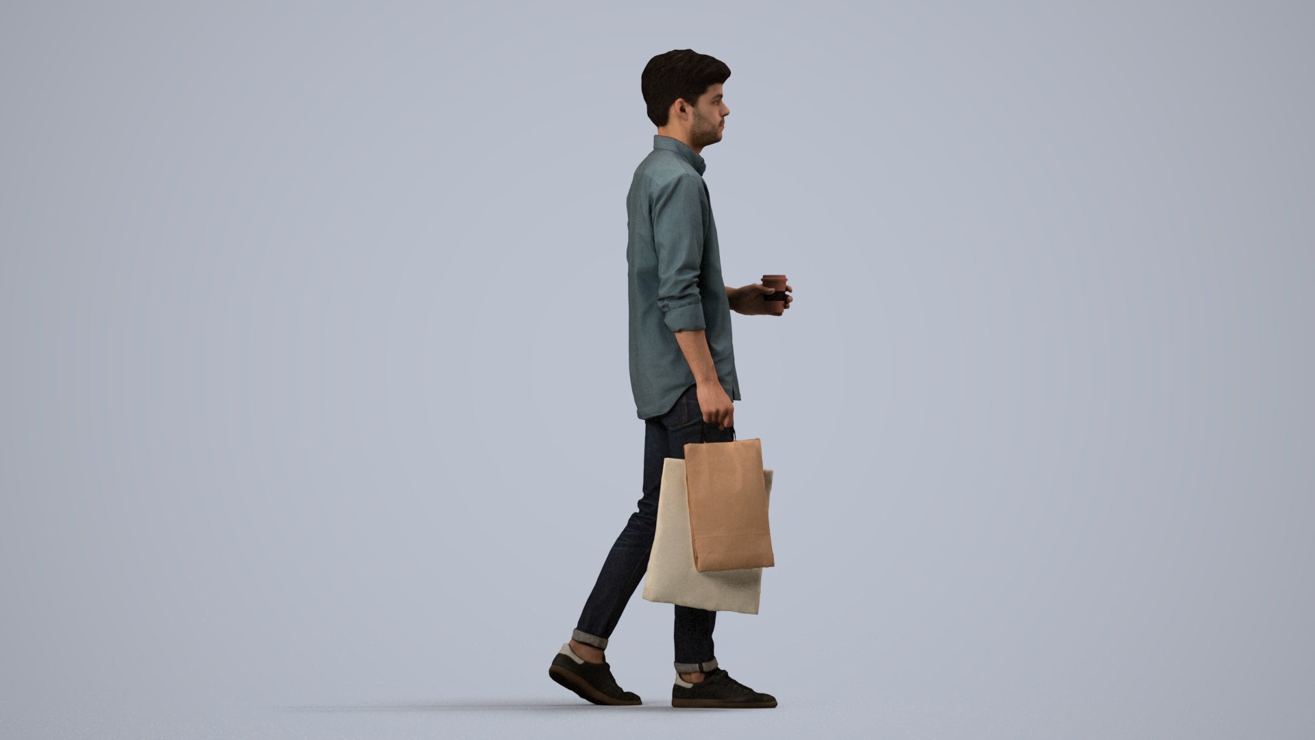 photogrammetry 3D man casual standing, realistic human model archviz FBX, side view render