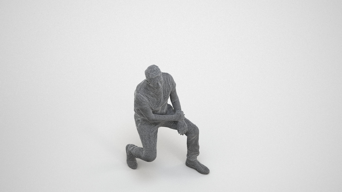 scanned 3D senior man casual sitting, photogrammetry people for Enscape and V-Ray, wireframe three-quarter view