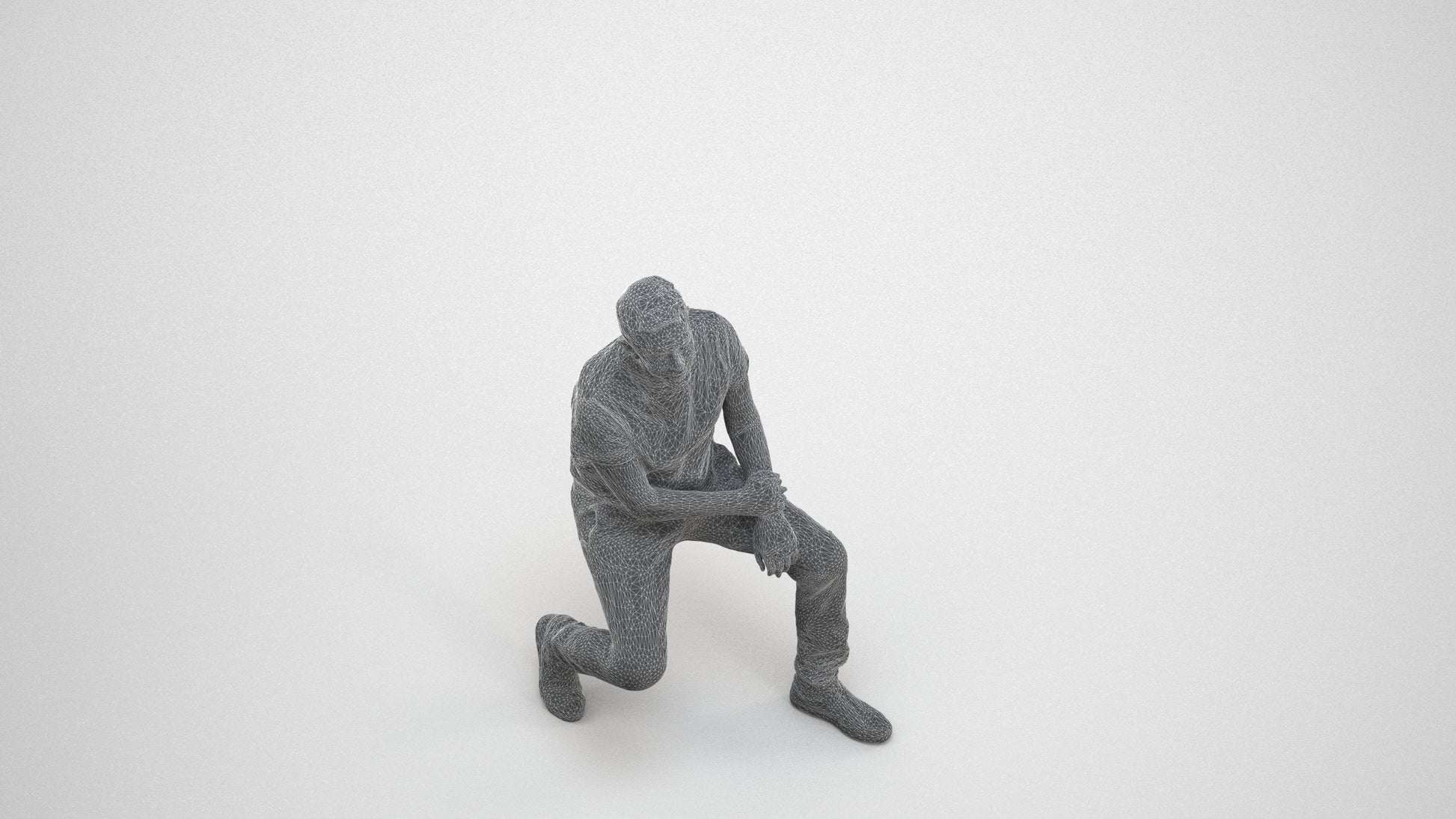 scanned 3D senior man casual sitting, photogrammetry people for Enscape and V-Ray, wireframe three-quarter view