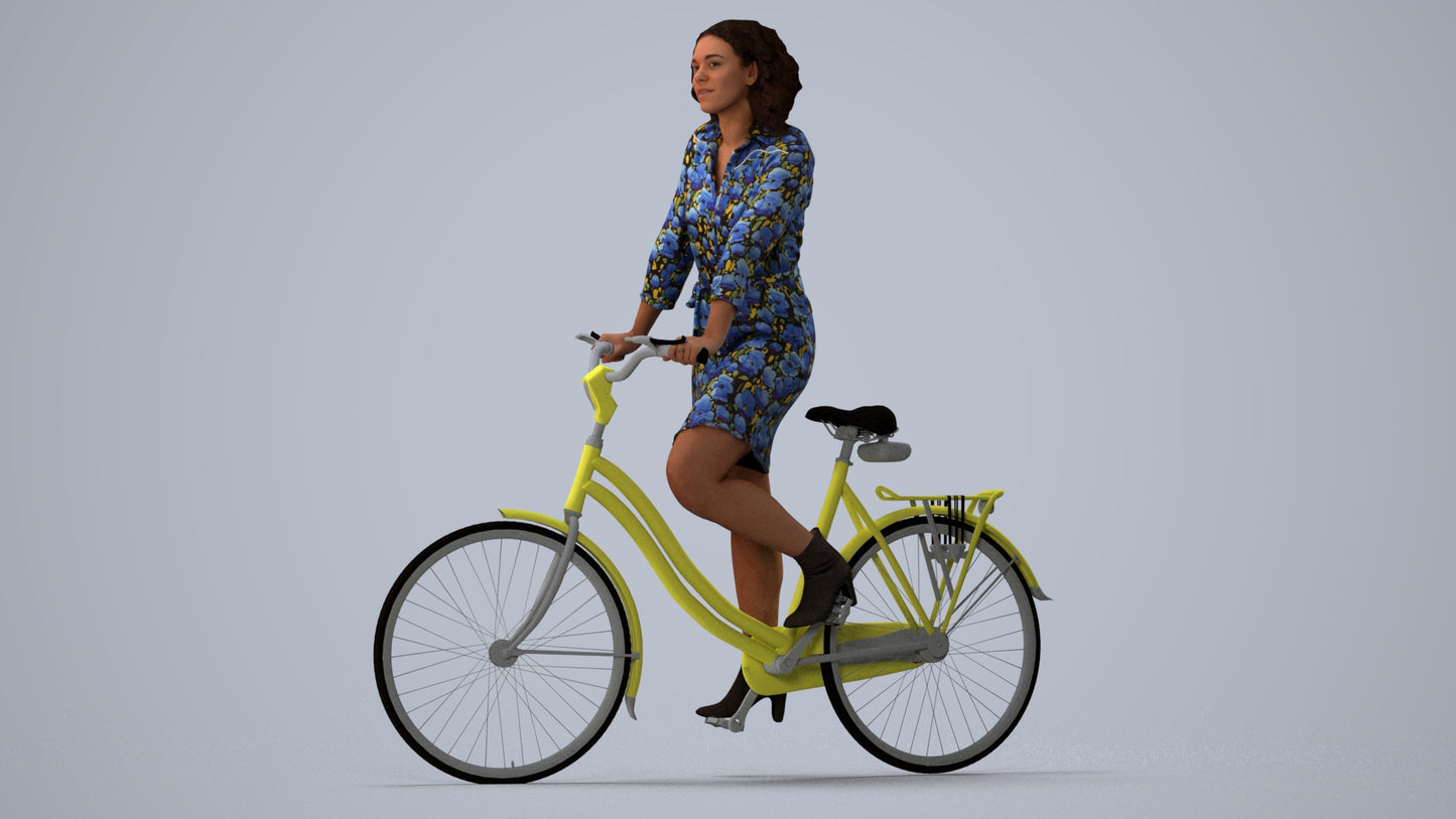 3D people model woman casual cycling, scanned human for 3ds Max rendering, three-quarter view render