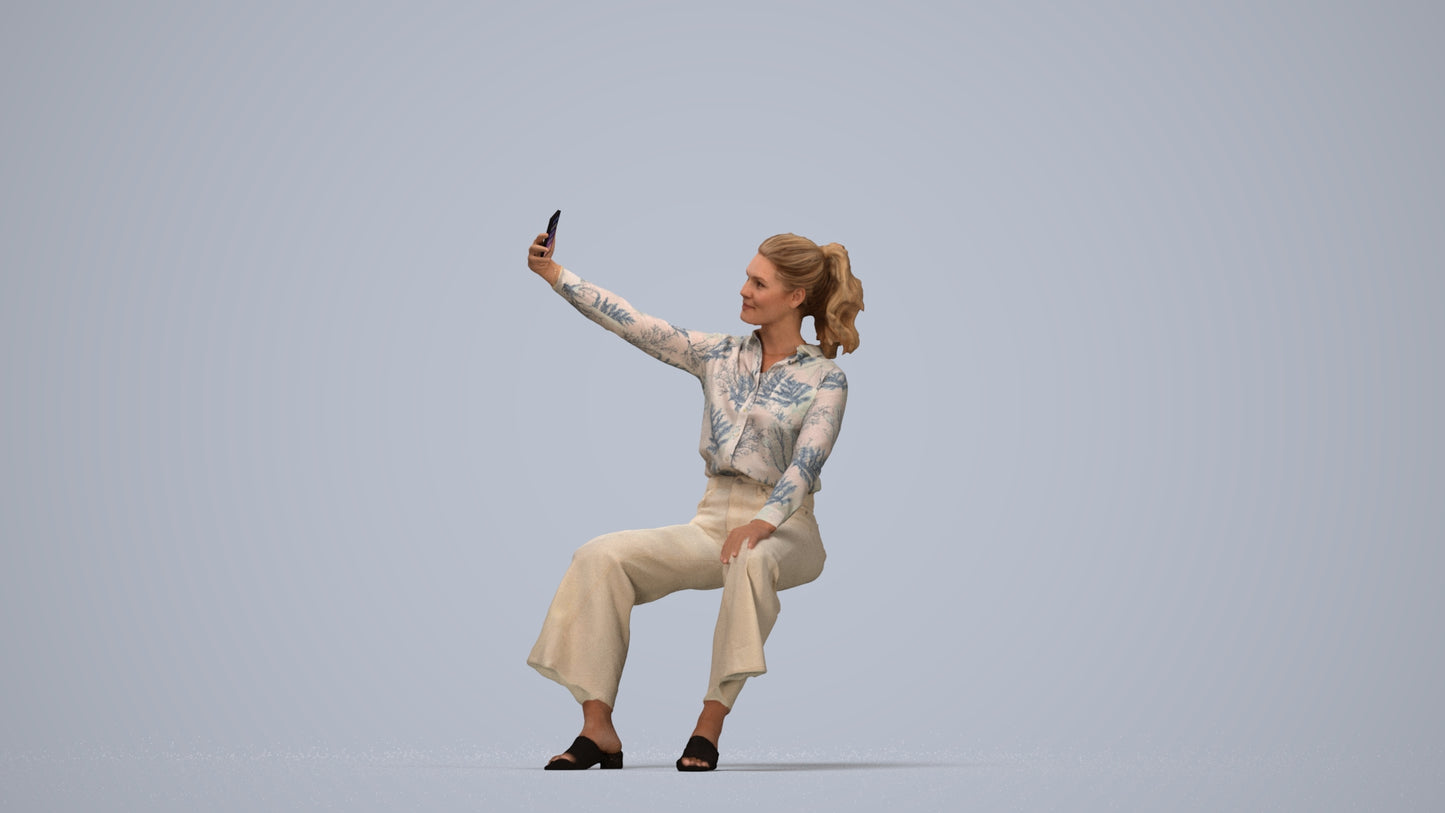 3D people model woman casual sitting, scanned human for 3ds Max rendering, top-down view render