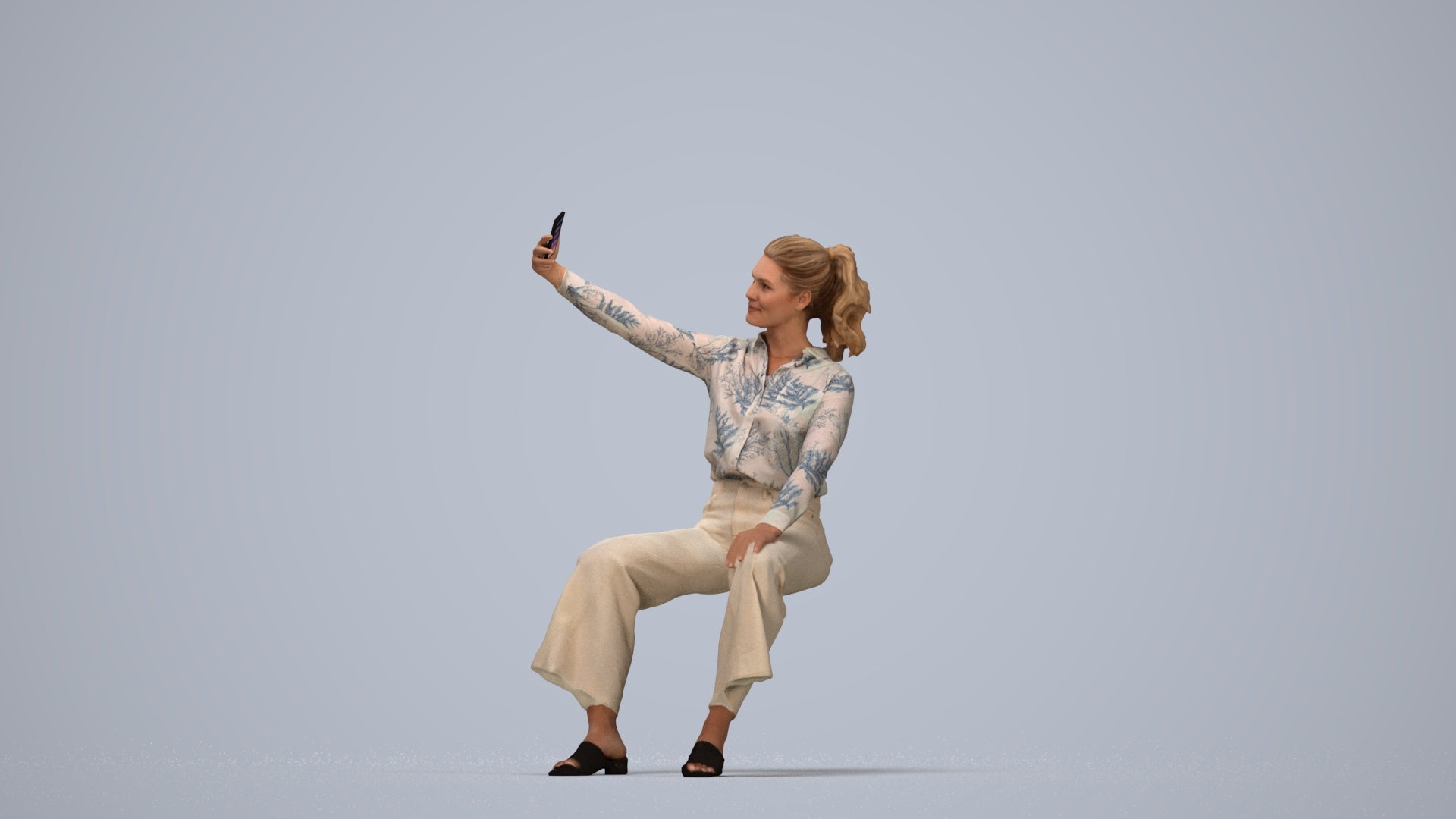 3D people model woman casual sitting, scanned human for 3ds Max rendering, top-down view render