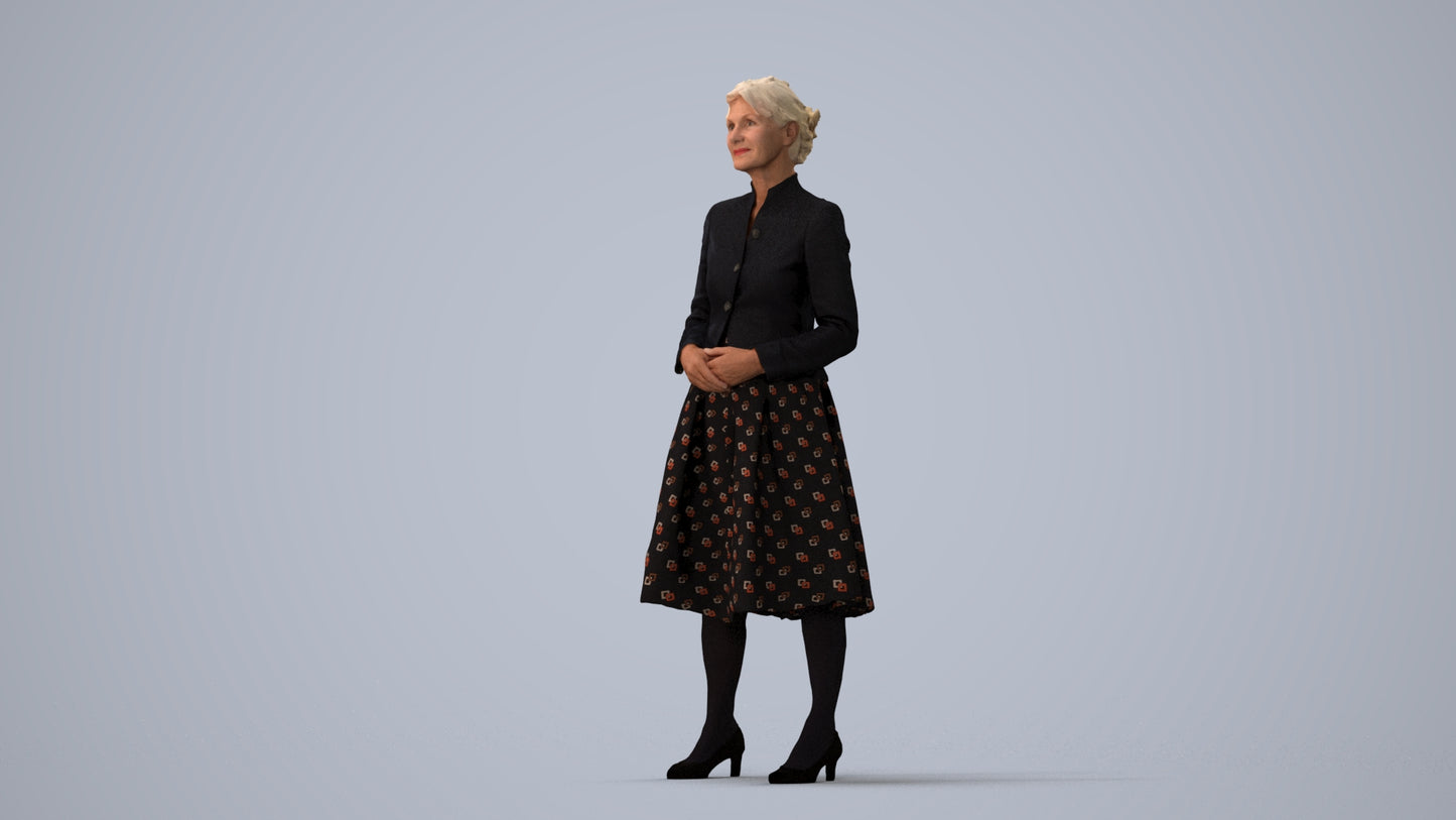 realistic 3D senior woman business standing, scanned archviz people for Blender and 3ds Max, three-quarter view render