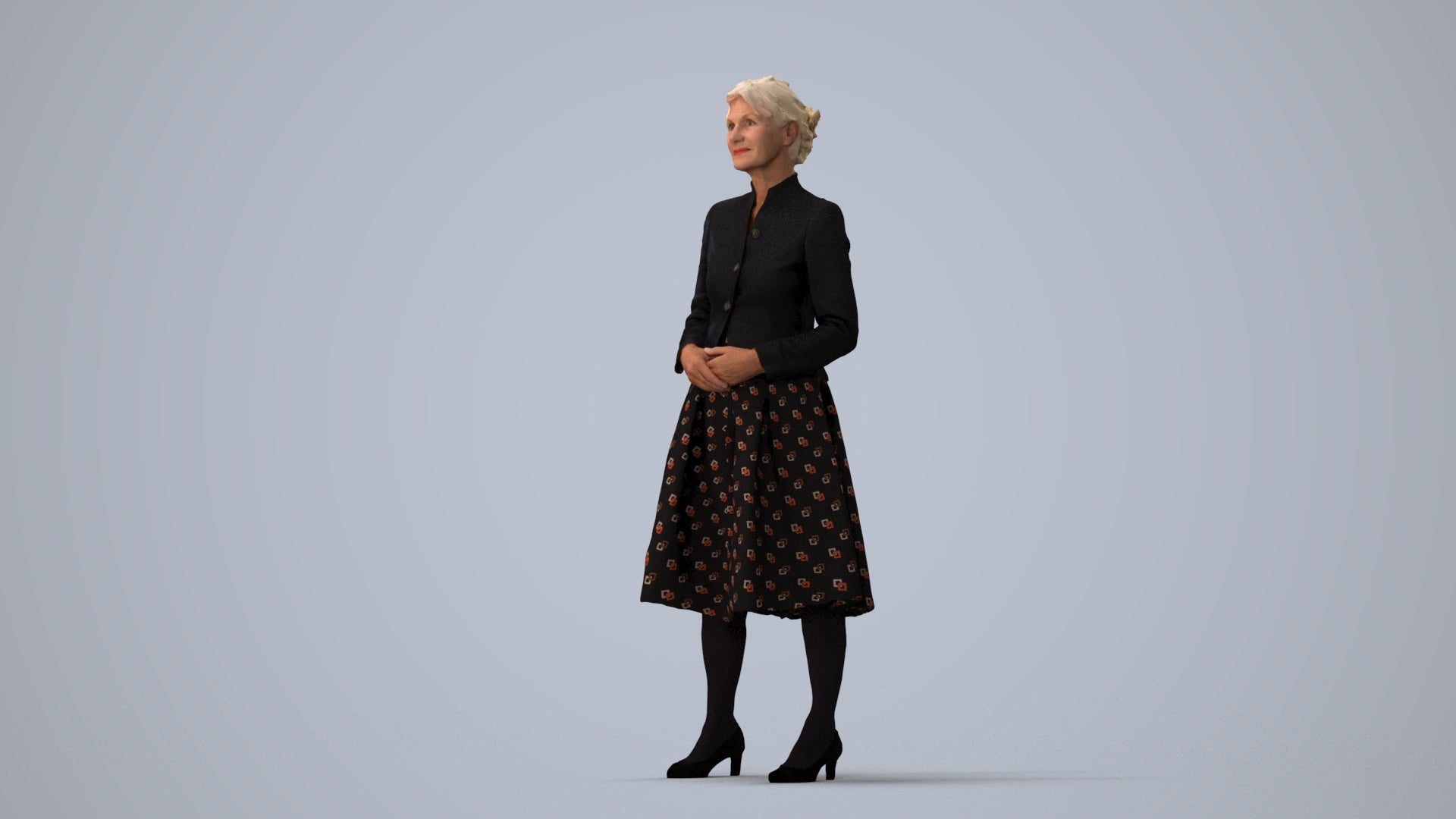 realistic 3D senior woman business standing, scanned archviz people for Blender and 3ds Max, three-quarter view render
