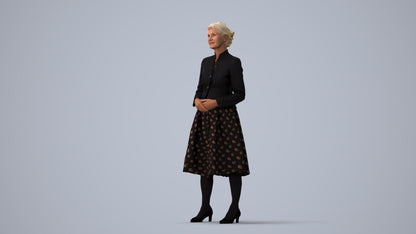 realistic 3D senior woman business standing, scanned archviz people for Blender and 3ds Max, three-quarter view render