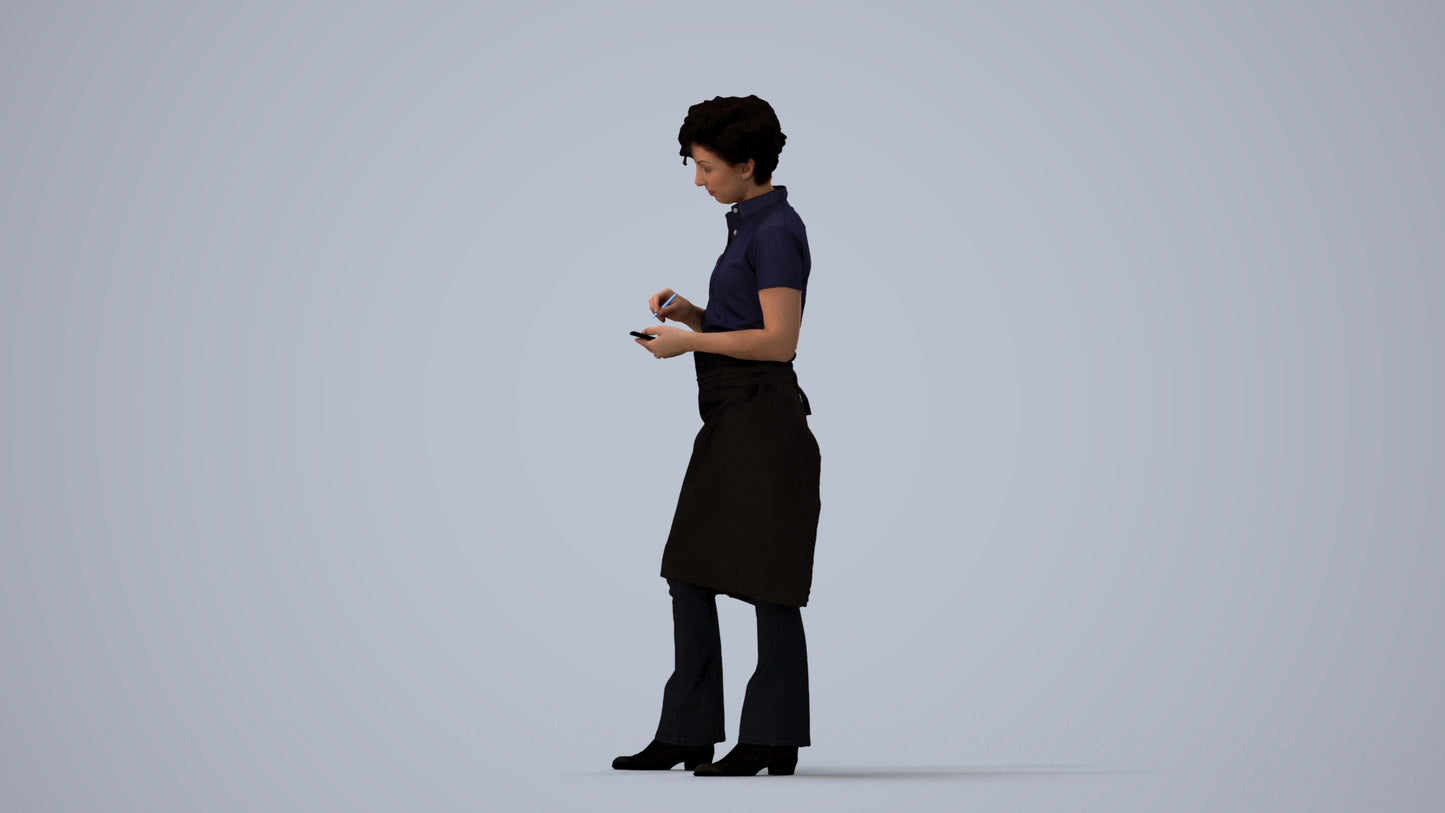 3D scanned woman hospitality, photorealistic archviz people for Enscape and SketchUp, three-quarter view render