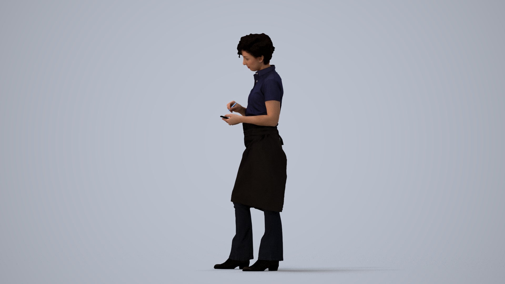 3D scanned woman hospitality, photorealistic archviz people for Enscape and SketchUp, three-quarter view render