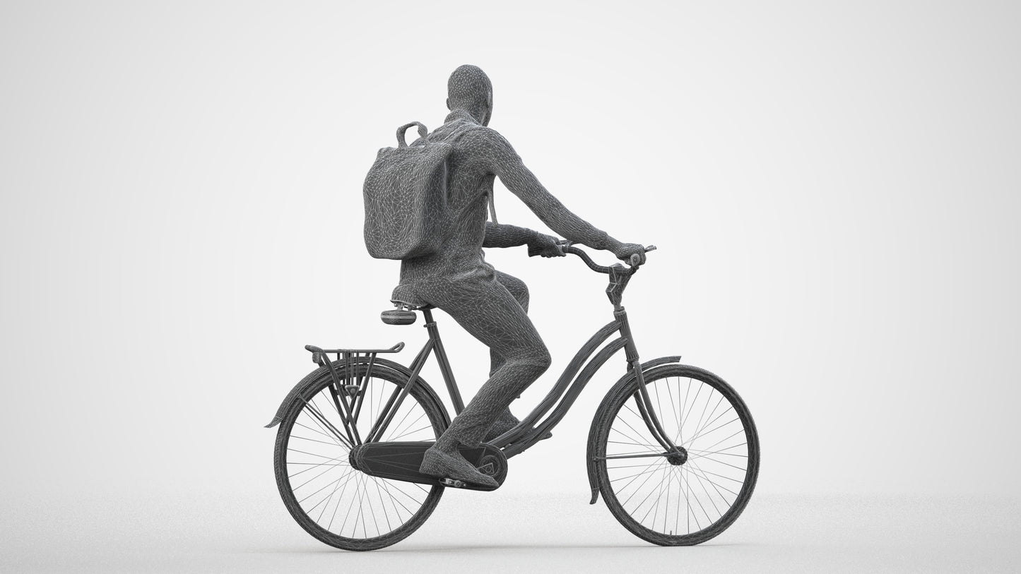 photogrammetry 3D man business cycling, realistic human model archviz FBX, wireframe side view