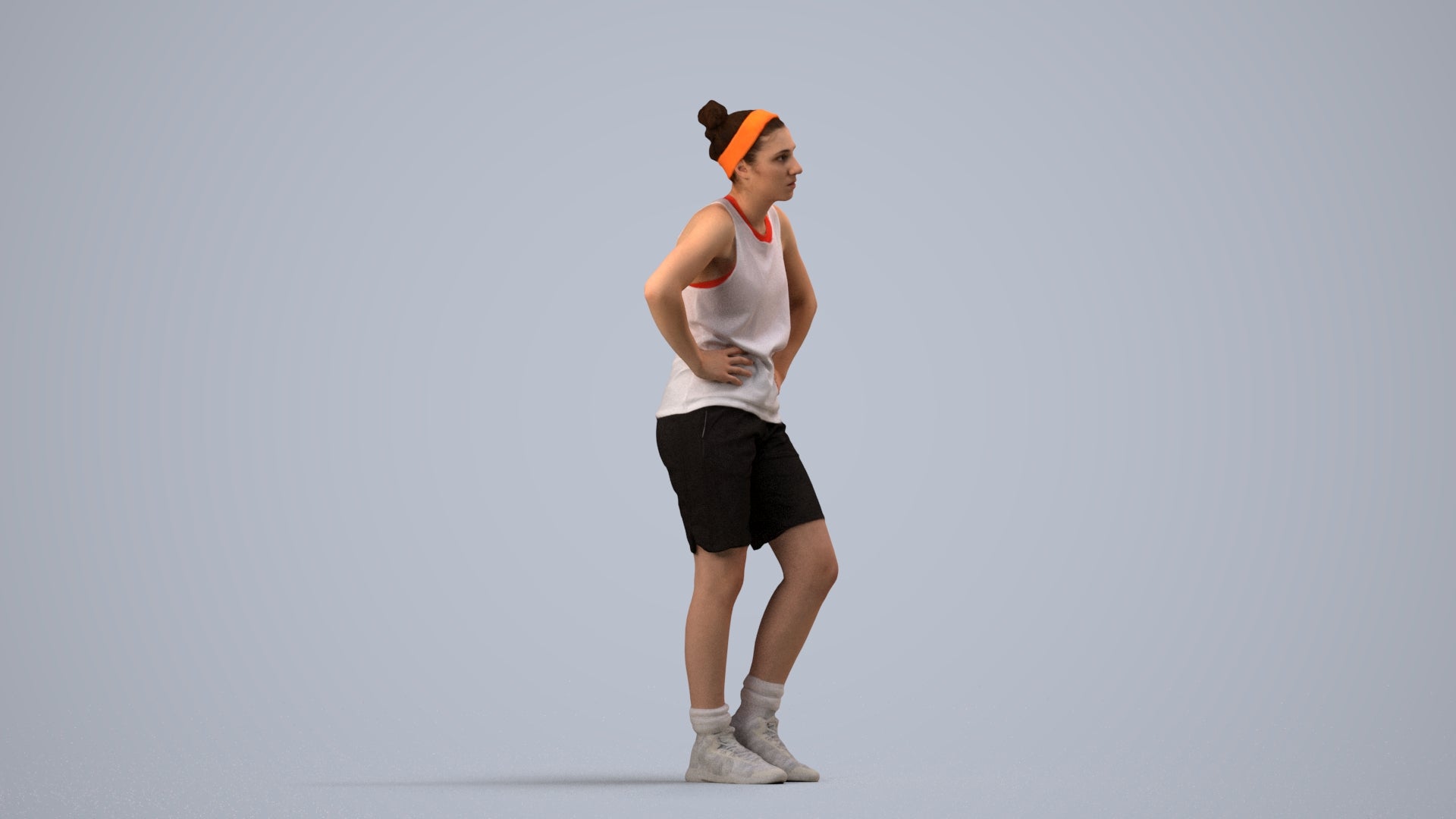 realistic 3D human woman sport, archviz people FBX OBJ for Blender, side view render