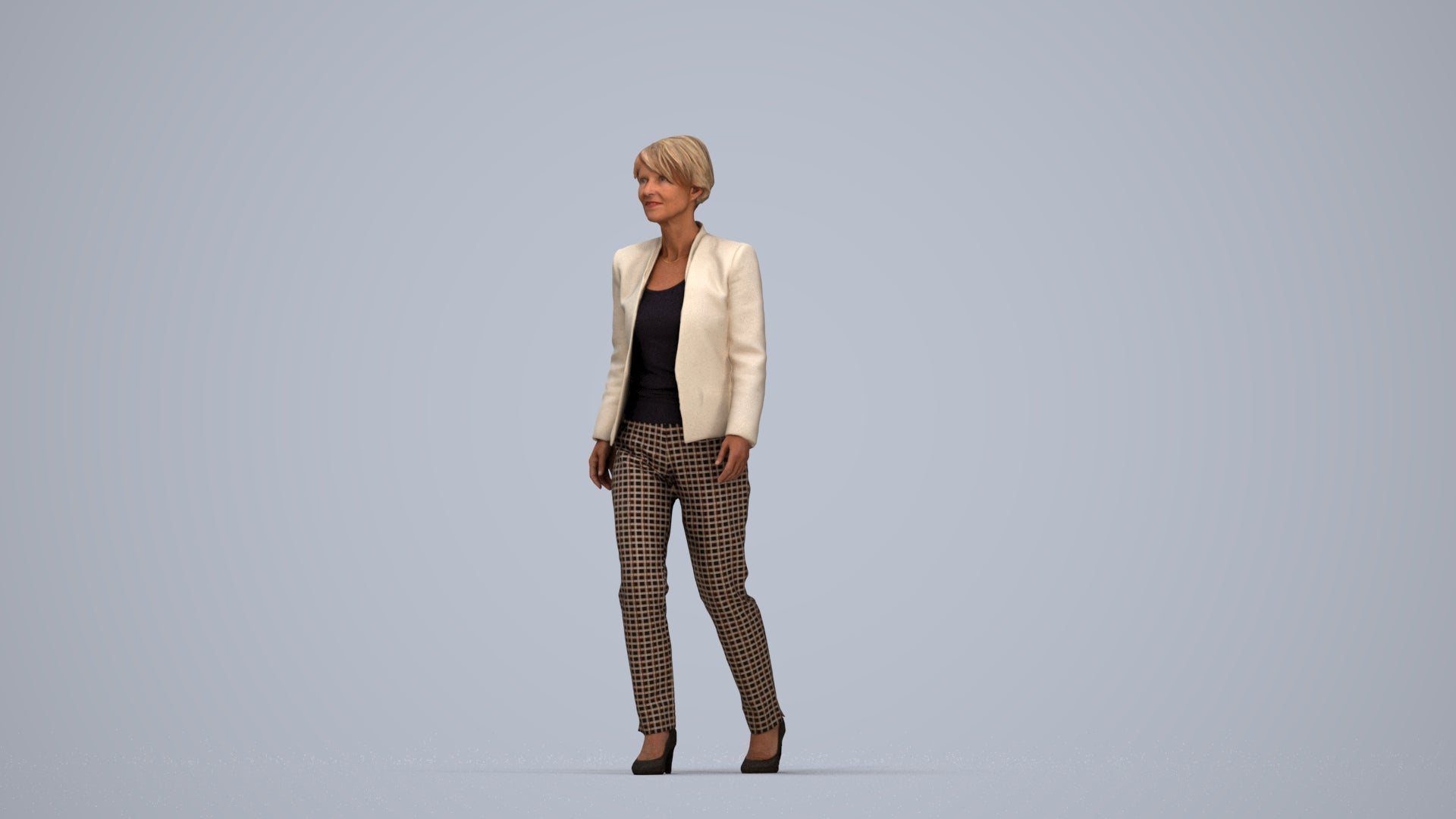 3D people model senior woman business walking, scanned human for 3ds Max rendering, top-down view render