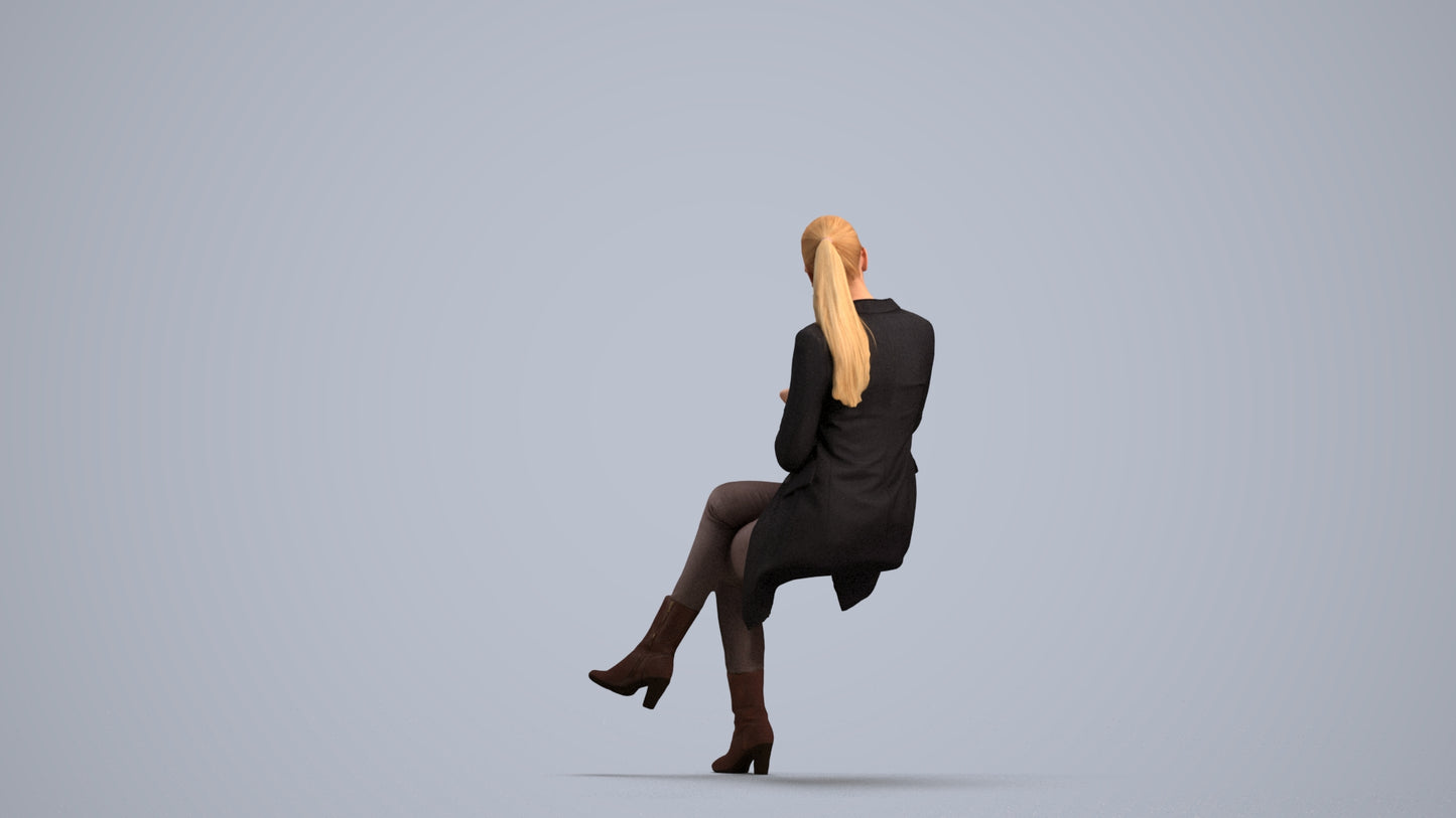 realistic 3D woman business sitting, scanned archviz people for Blender and 3ds Max, front view render