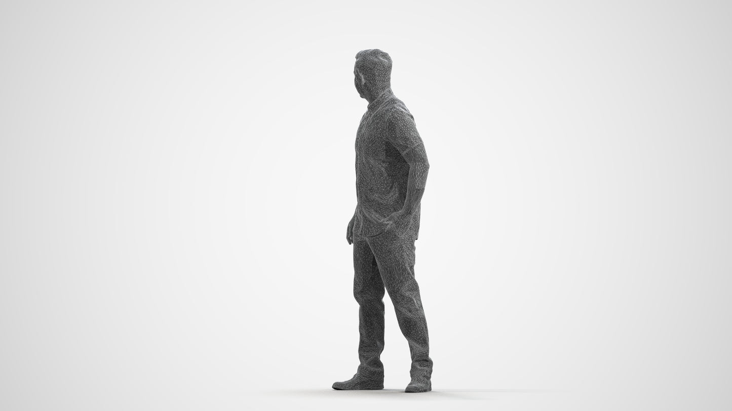 3D scanned man standing casual, photorealistic archviz people for Enscape and SketchUp, wireframe front view