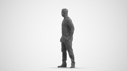 3D scanned man standing casual, photorealistic archviz people for Enscape and SketchUp, wireframe front view