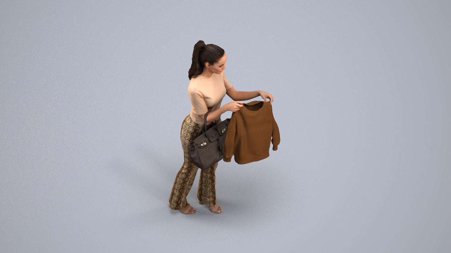 realistic 3D woman casual shopping, scanned archviz people for Blender and 3ds Max, back view render