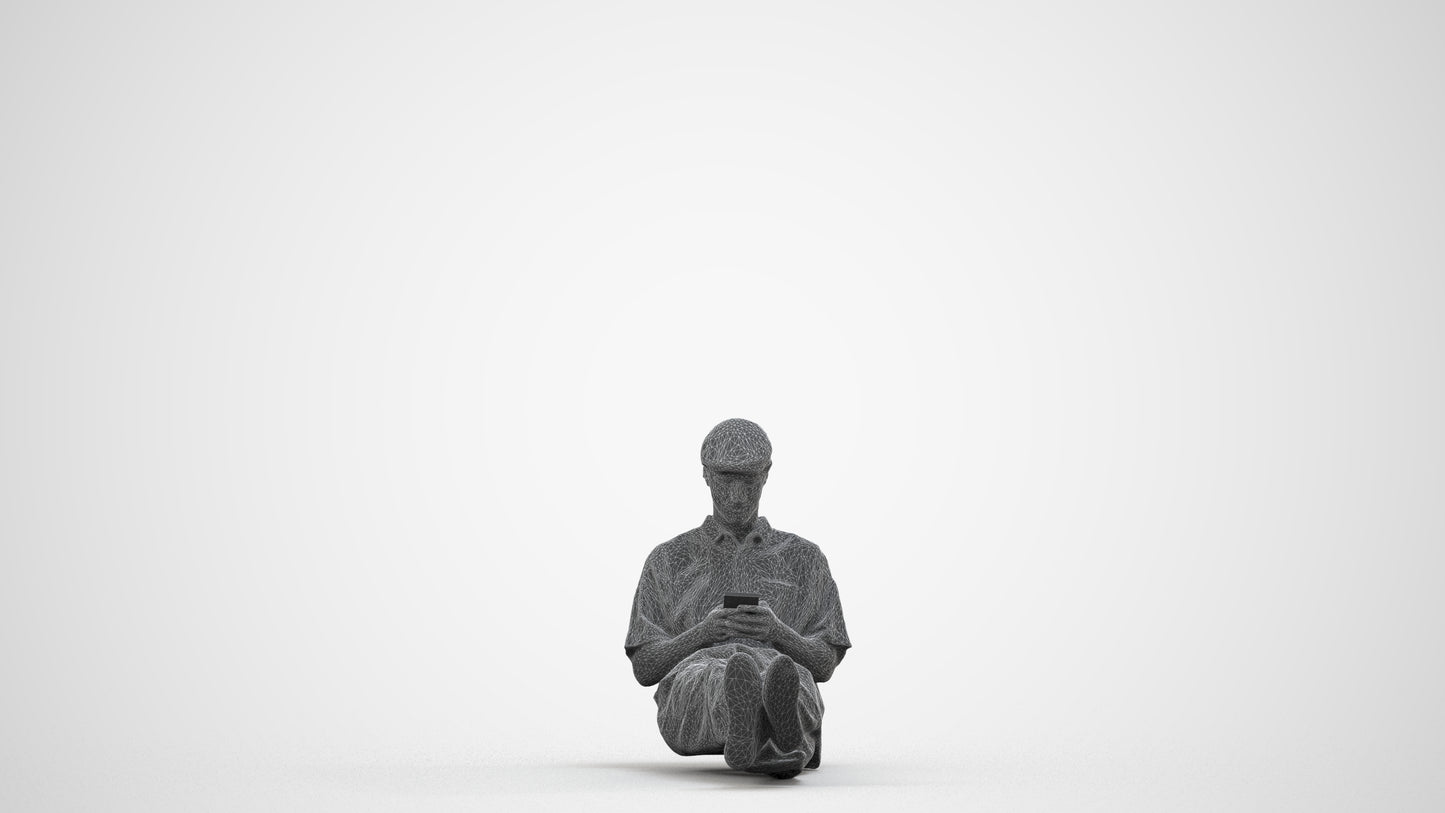 photogrammetry 3D man casual sitting, realistic human model archviz FBX, wireframe side view