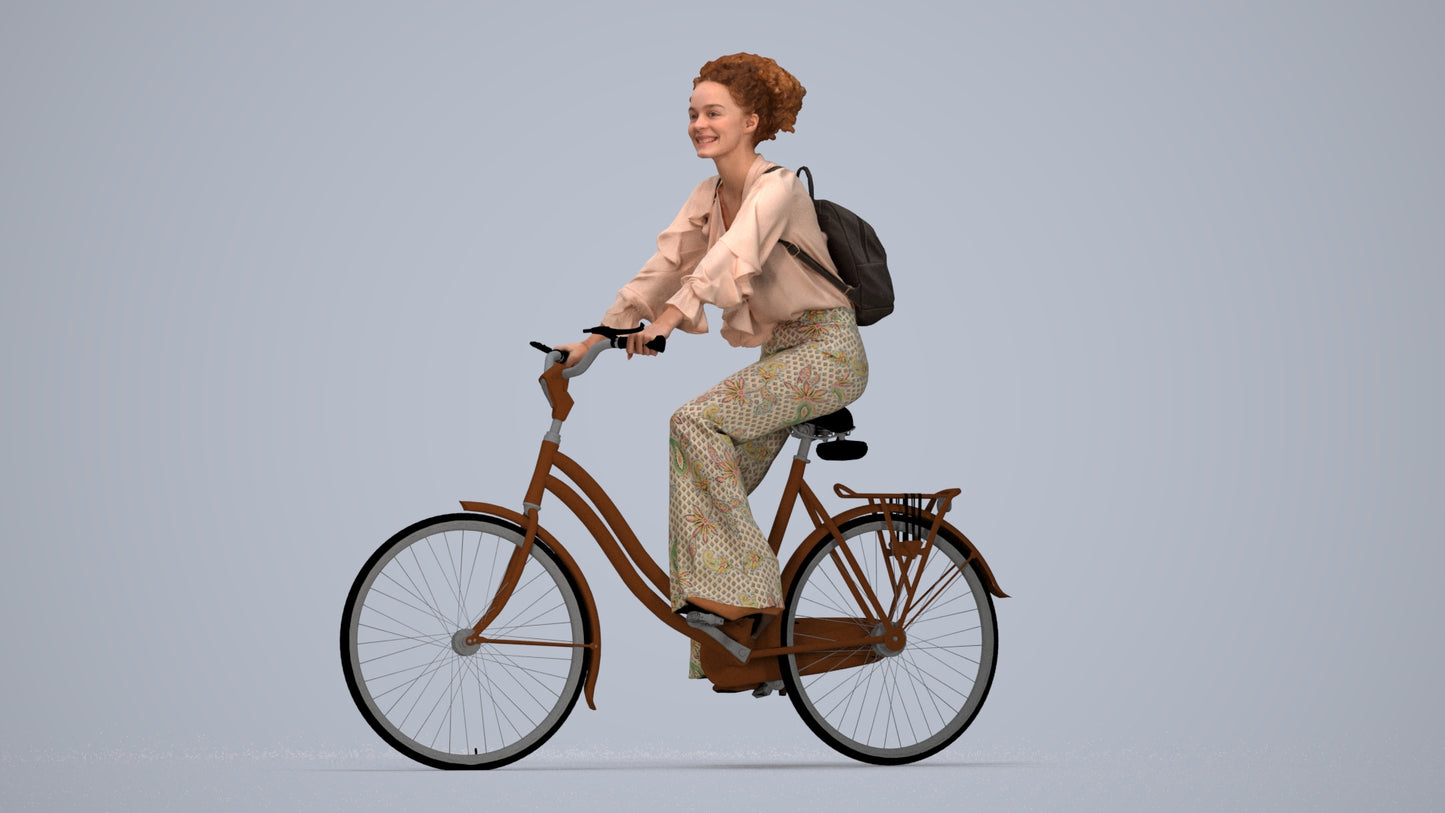 photogrammetry 3D woman casual cycling, realistic human model archviz FBX, top-down view render