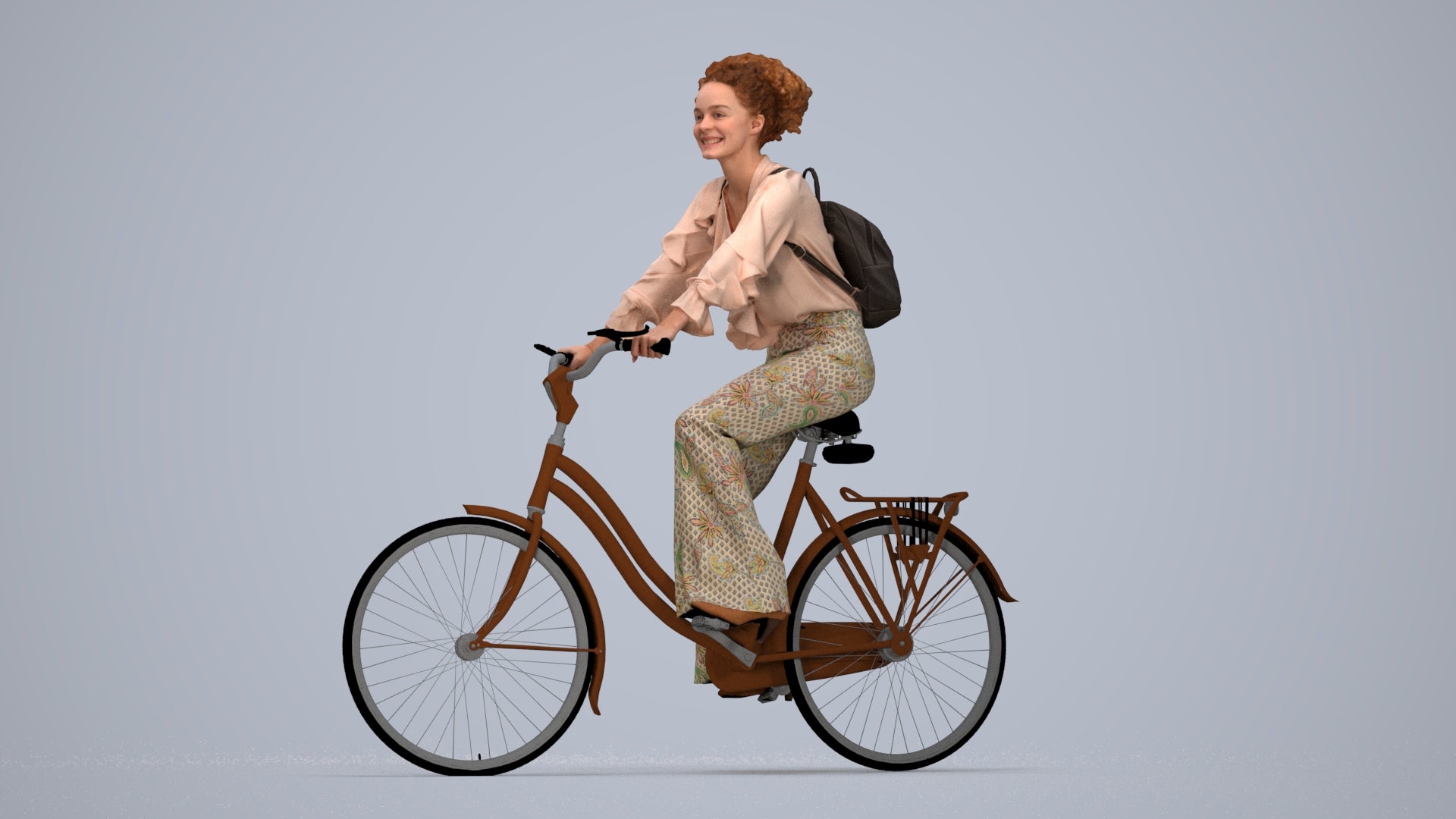 photogrammetry 3D woman casual cycling, realistic human model archviz FBX, top-down view render