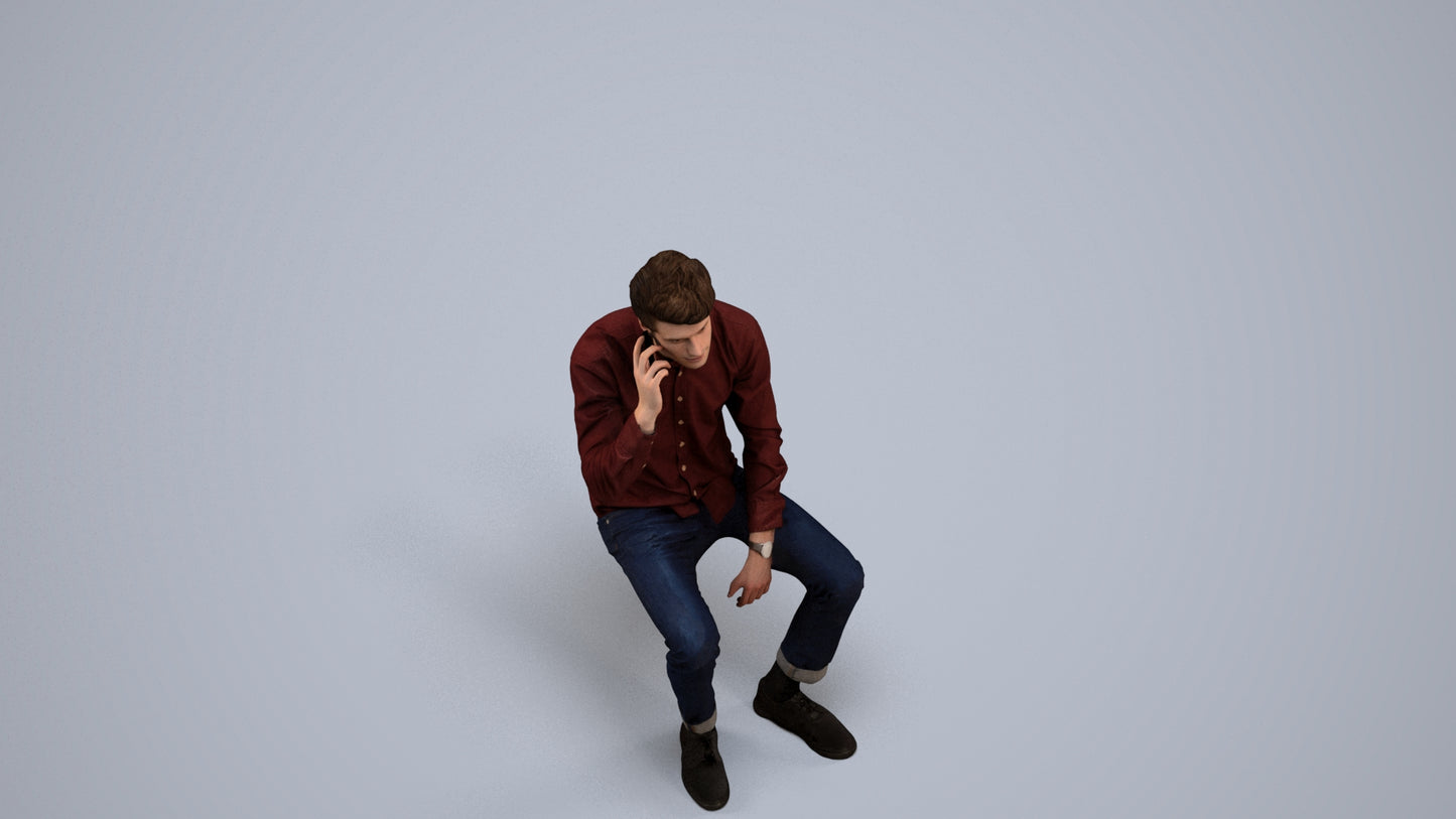 3D people model man casual sitting, scanned human for 3ds Max rendering, back view render