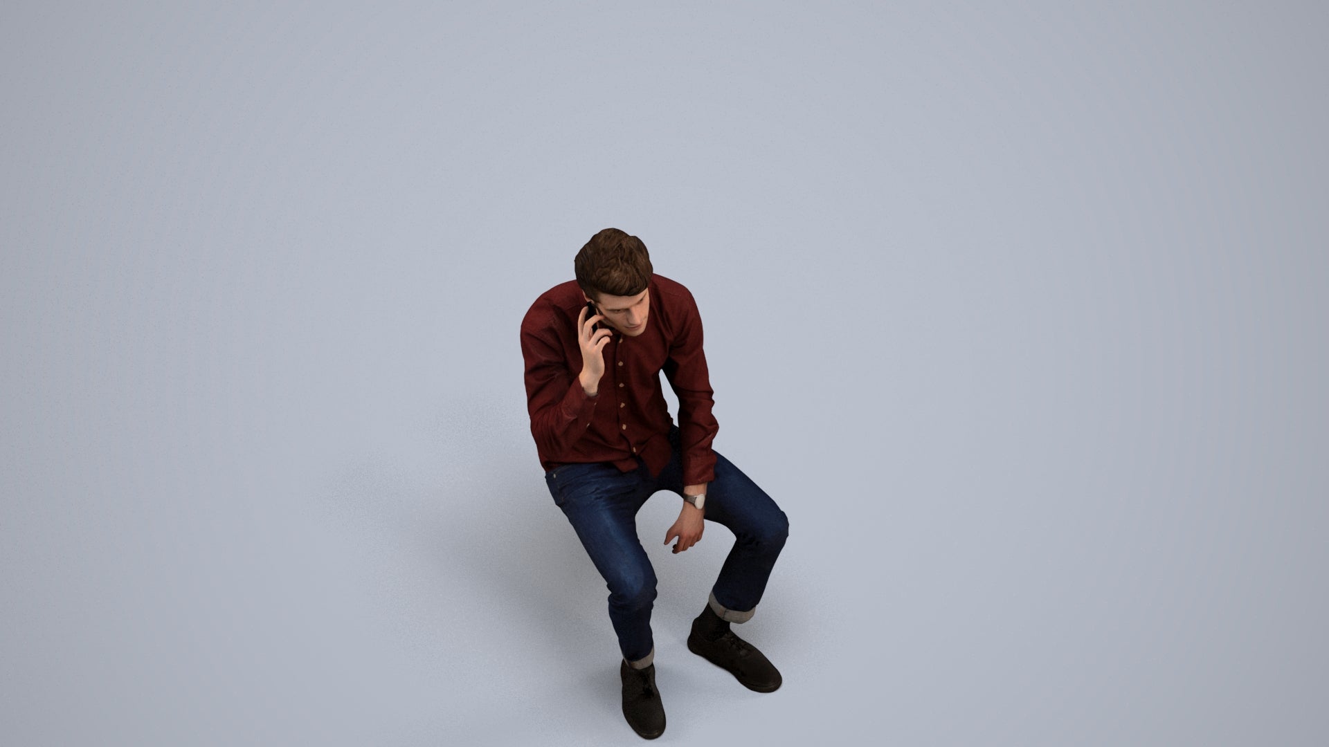 3D people model man casual sitting, scanned human for 3ds Max rendering, back view render