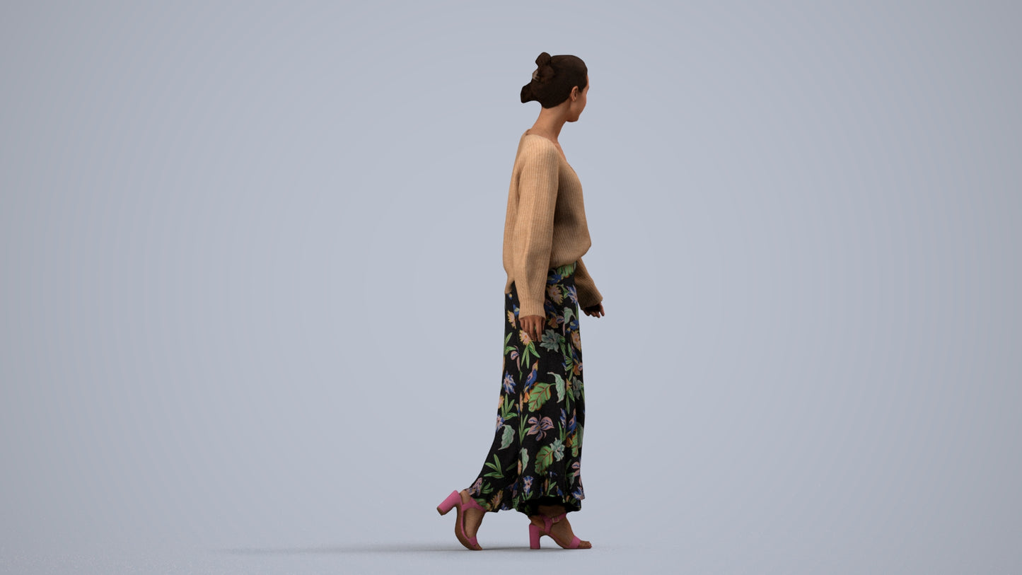realistic 3D people woman casual walking, render-ready for V-Ray and Corona, FBX OBJ, side view render