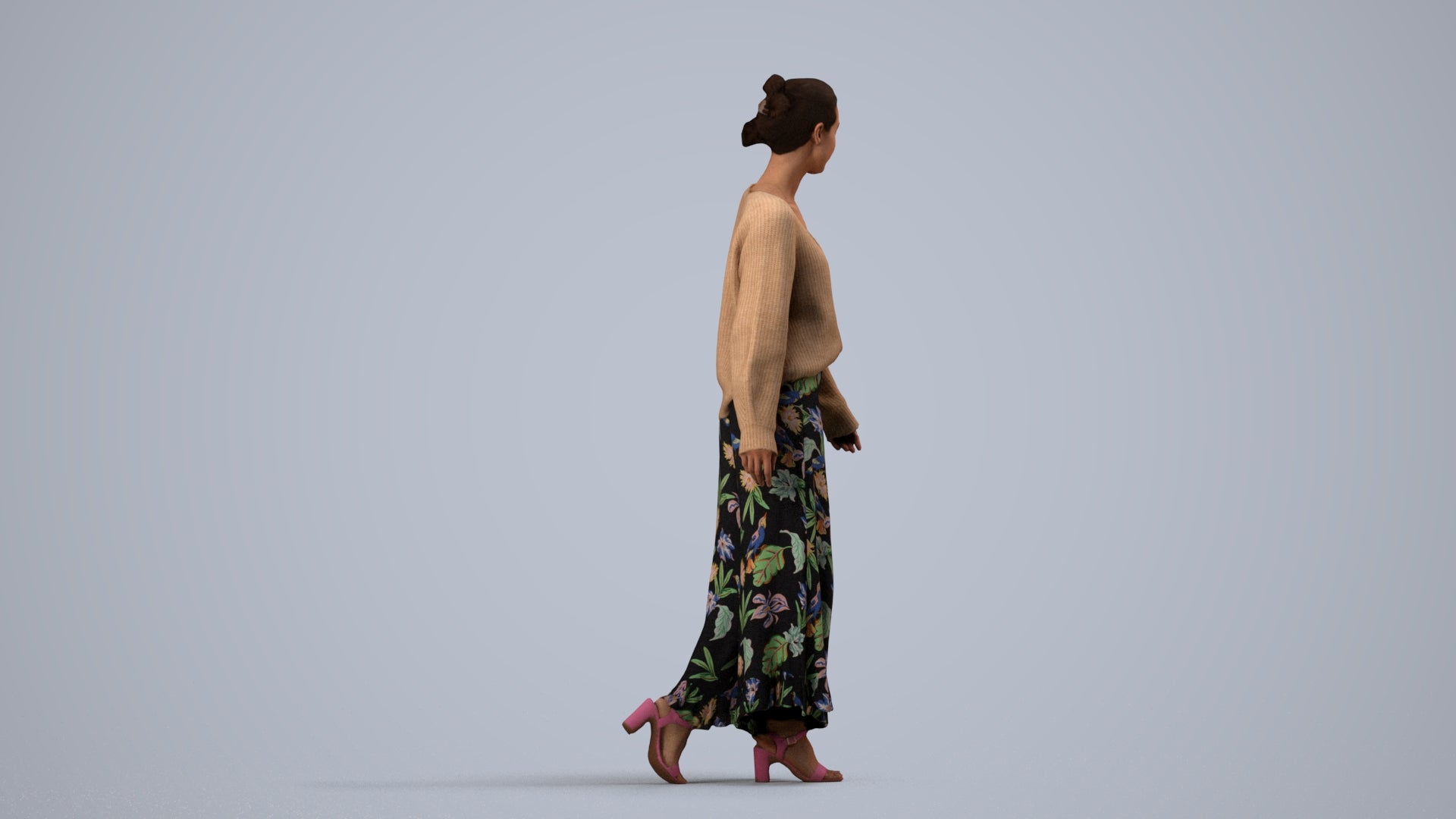 realistic 3D people woman casual walking, render-ready for V-Ray and Corona, FBX OBJ, side view render
