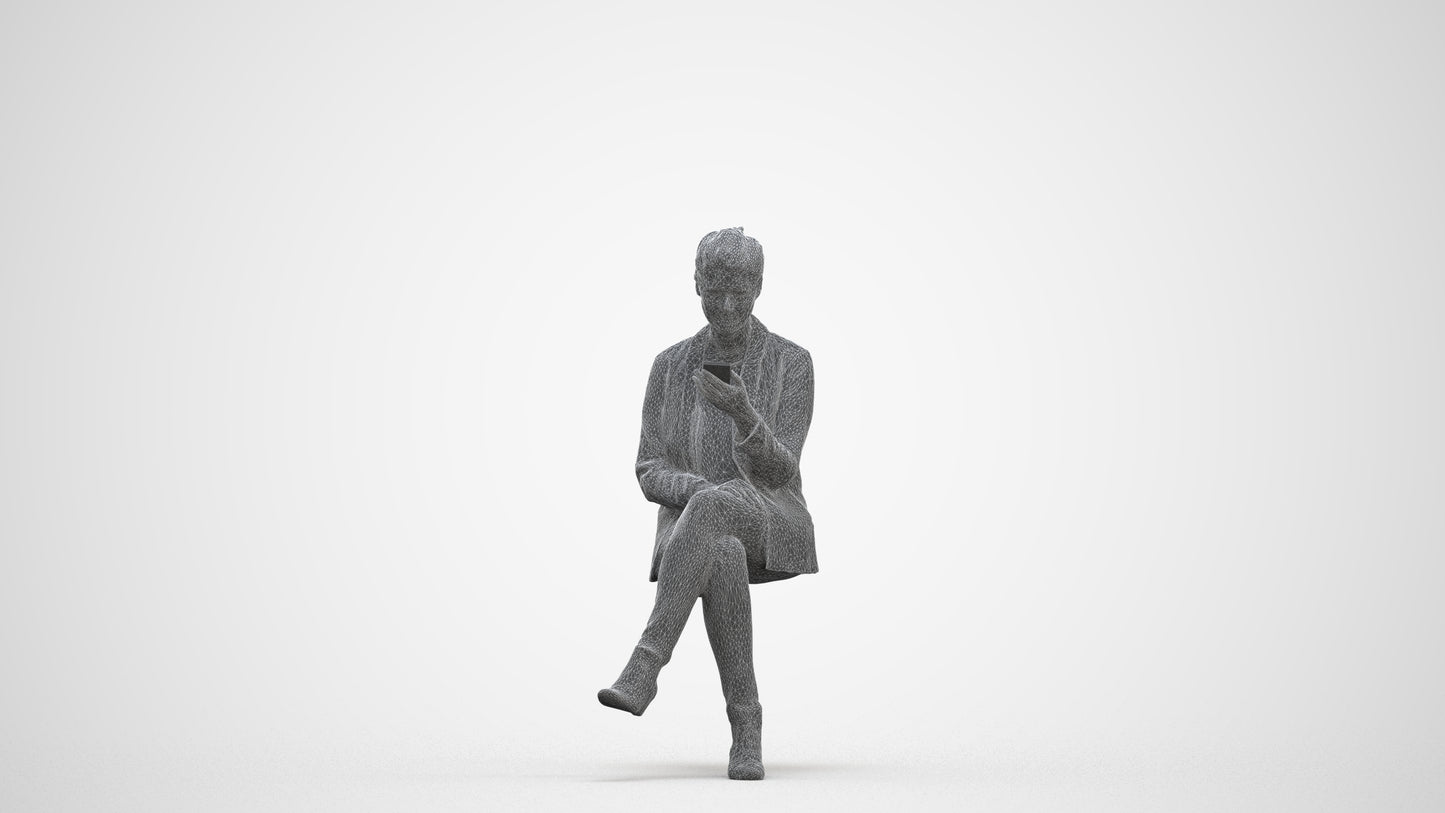 3D scanned woman sitting business, photorealistic archviz people for Enscape and SketchUp, three-quarter front view render