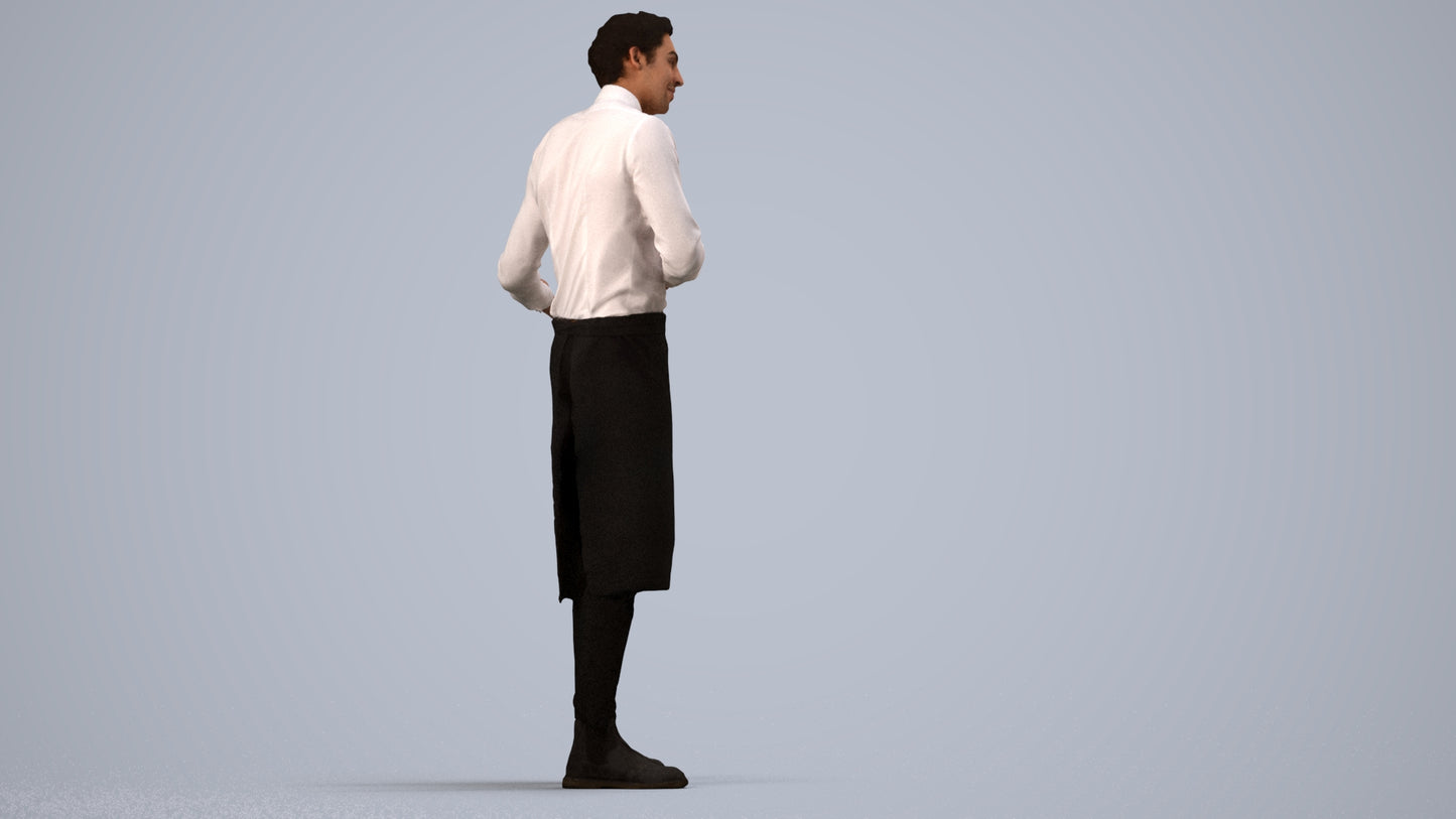 3D human model man hospitality, photogrammetry scanned person for archviz, side view render