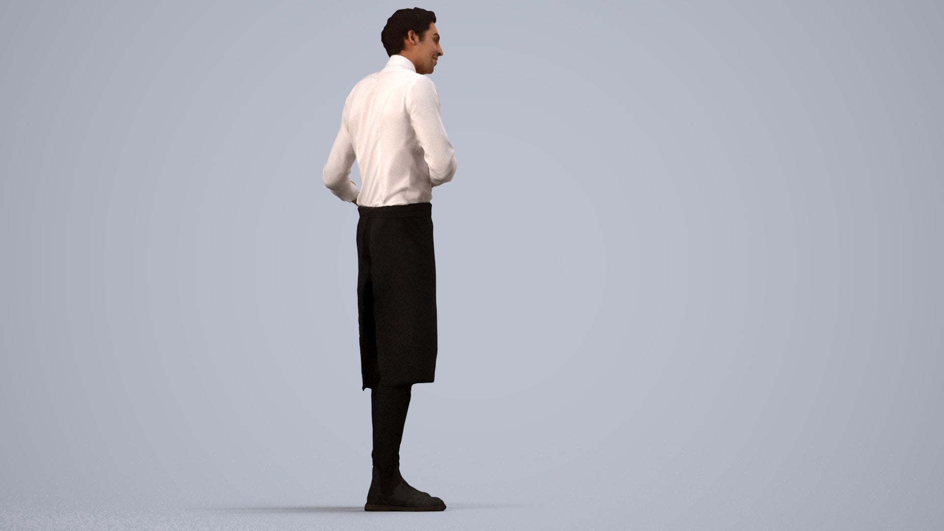 3D human model man hospitality, photogrammetry scanned person for archviz, side view render