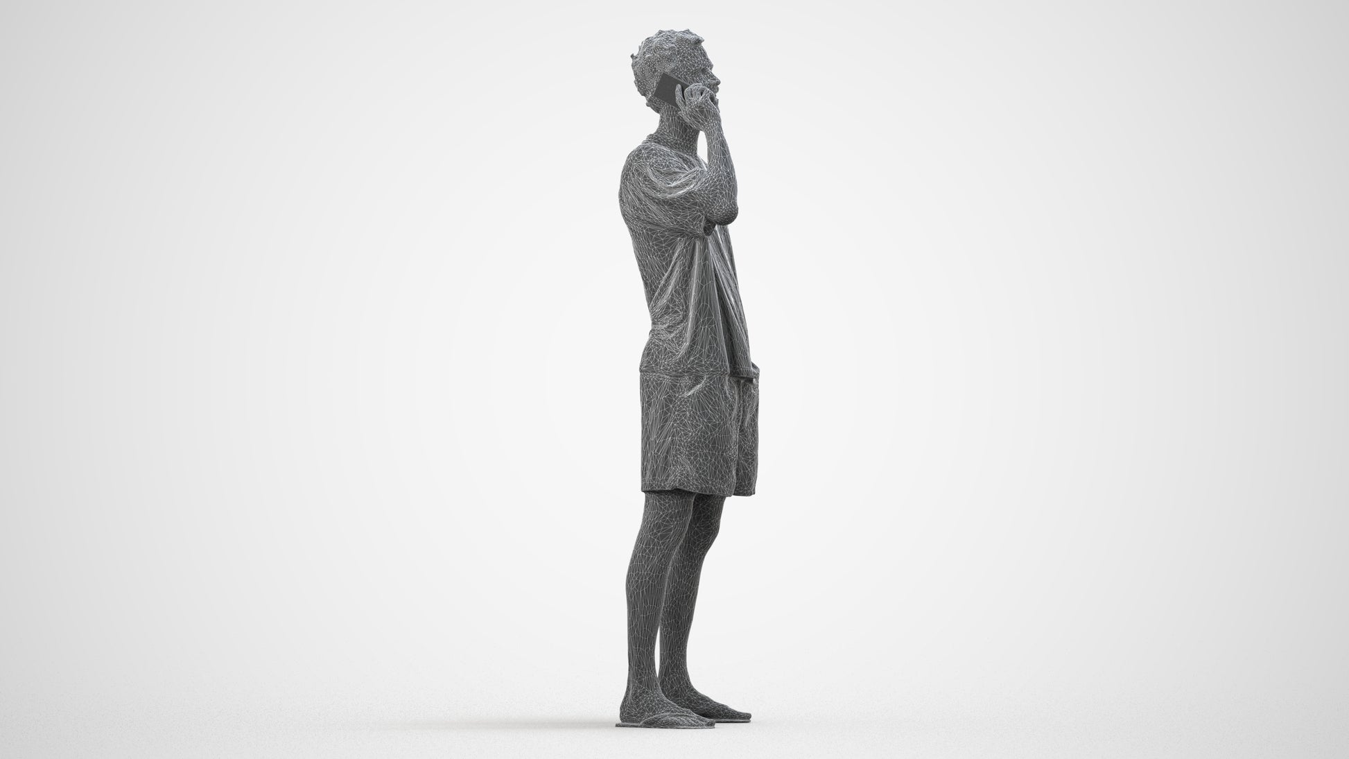 3D human model man casual standing, photogrammetry scanned person for archviz, wireframe side view
