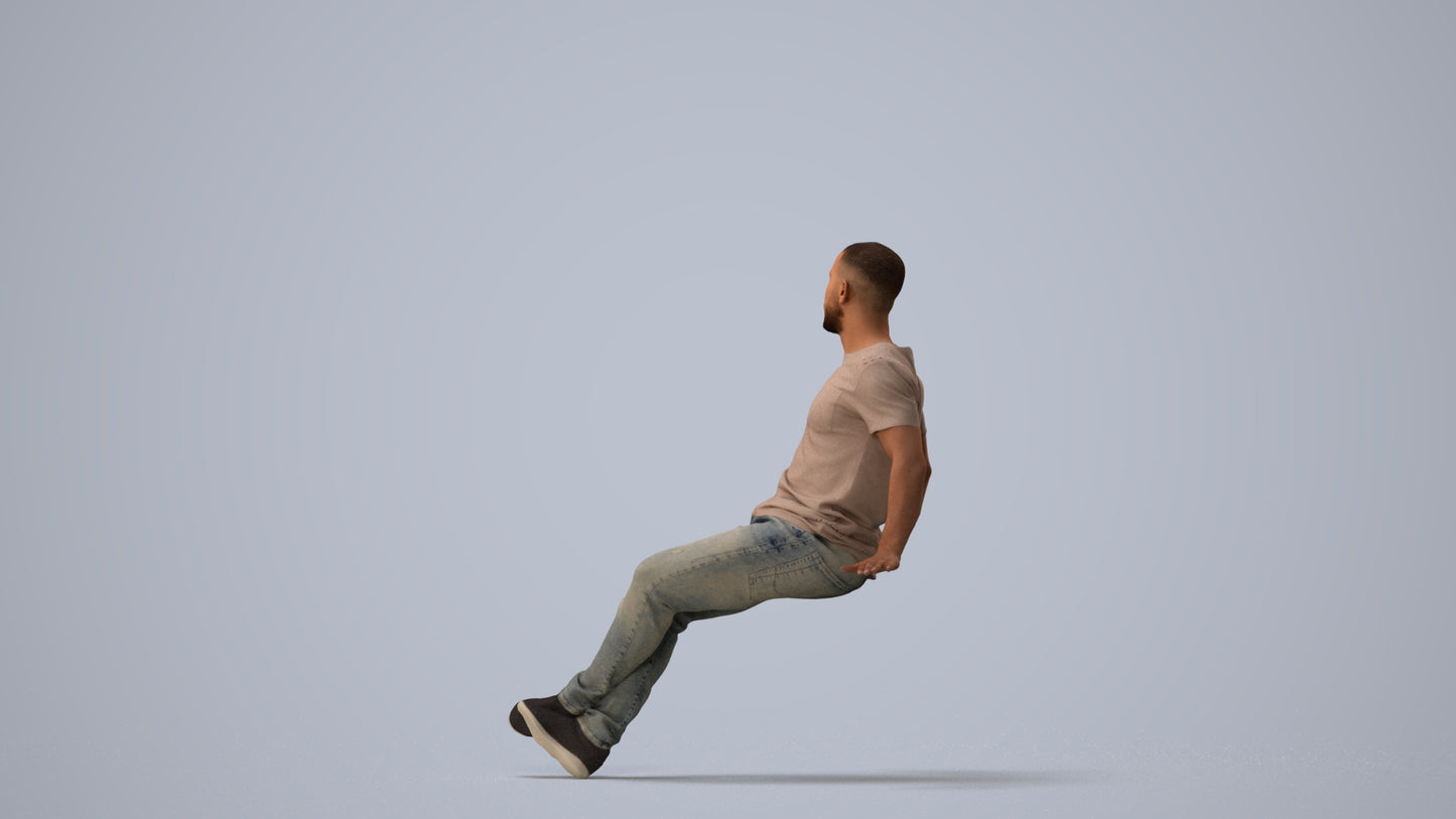 photogrammetry 3D man casual sitting, realistic human model archviz FBX, three-quarter view render