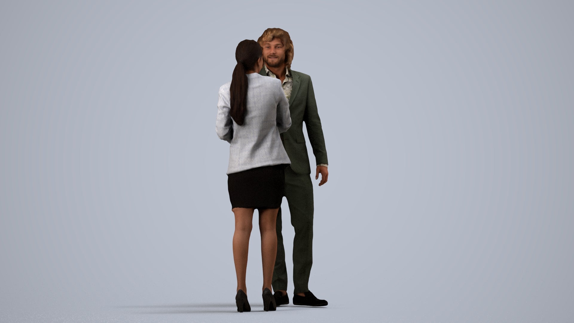 3D human model woman business, photogrammetry scanned person for archviz, side view render