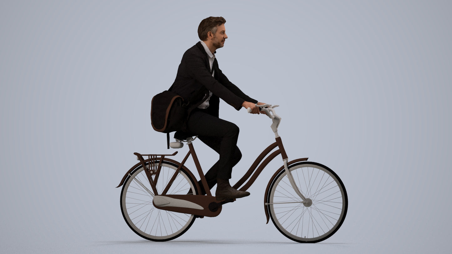 3D human model man business cycling, photogrammetry scanned person for archviz, side view render